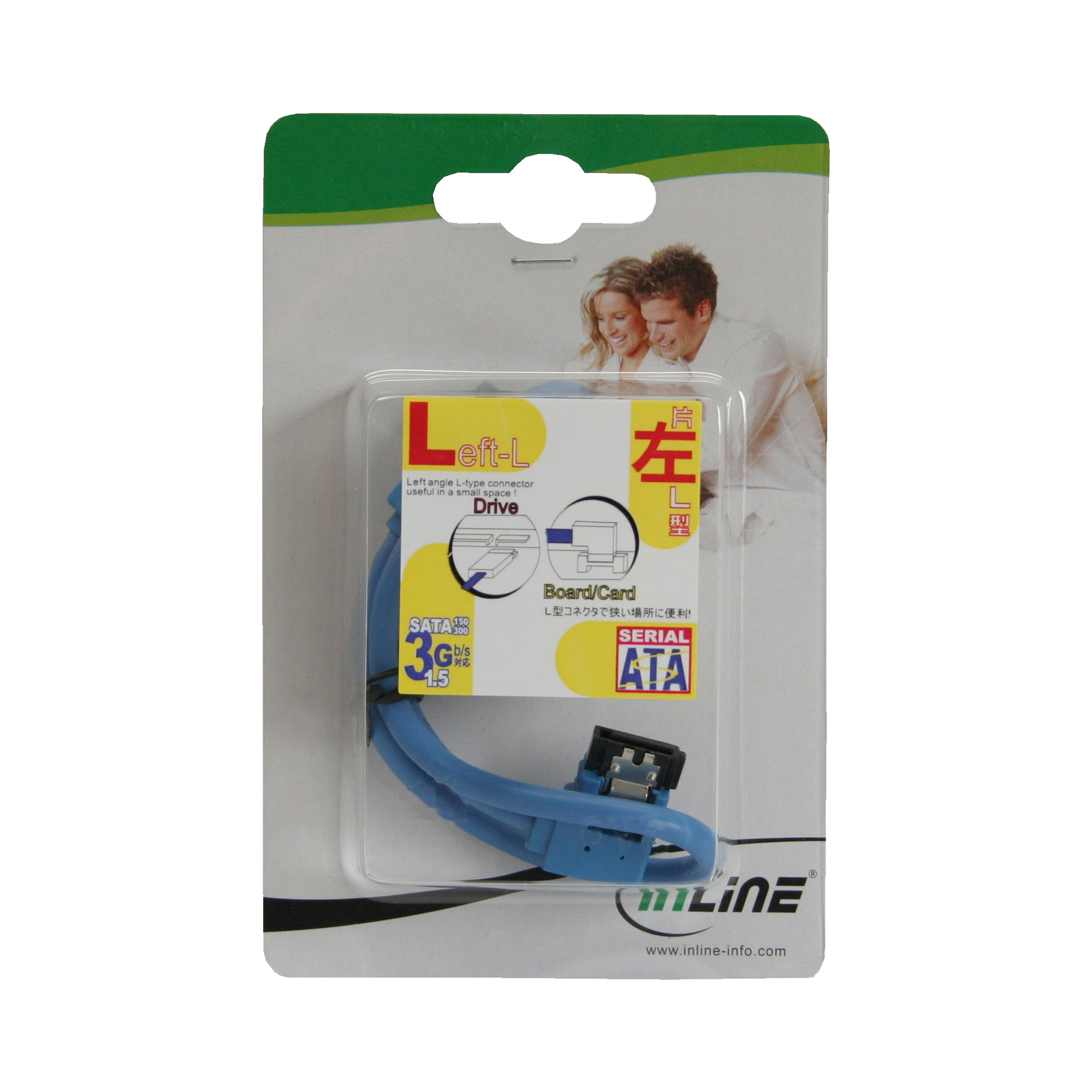 Inline® SATA 6Gb/s Anschlusskabel rund, abgew. links, blau, mit Lasche, 0,5m