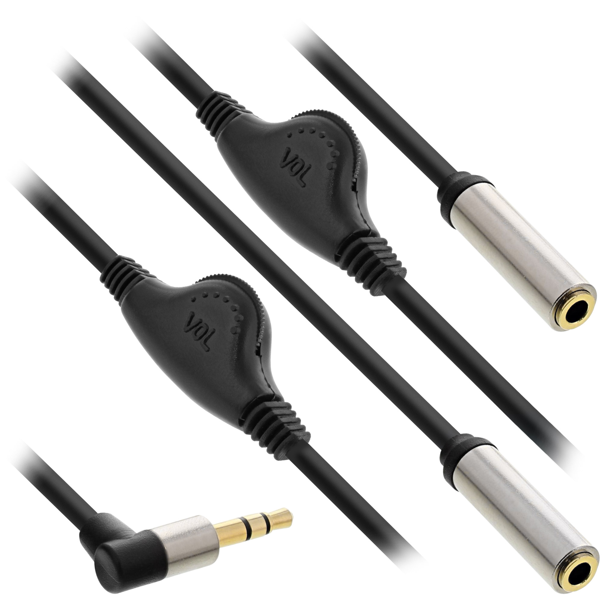 0.25m - Inline® Slim Audio Y-Kabel Klinke 3,5mm ST an 2x BU, mit Lautstärkeregler