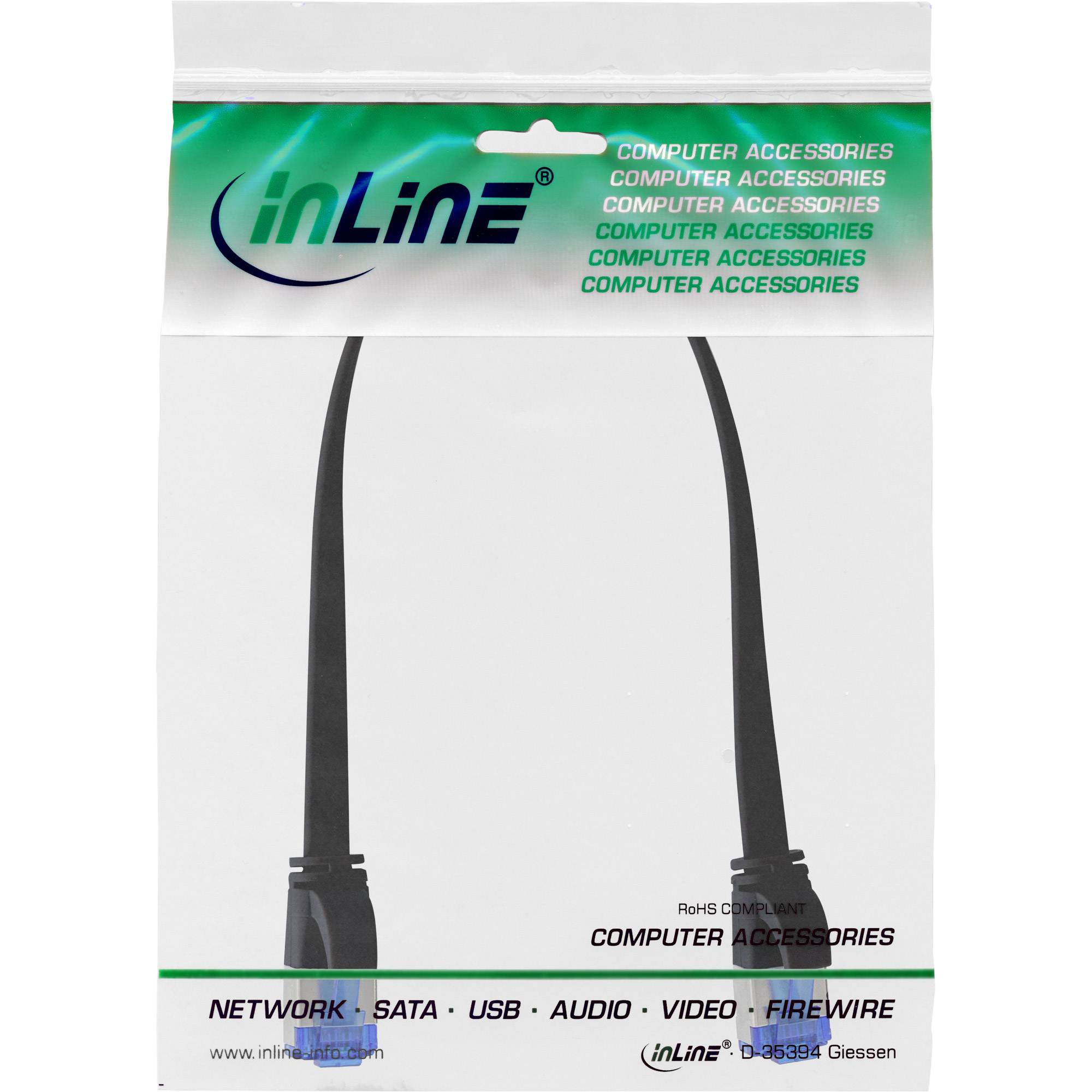 Inline® Patchkabel flach, U/FTP, Cat.6A, TPE halogenfrei, schwarz, 0,3m