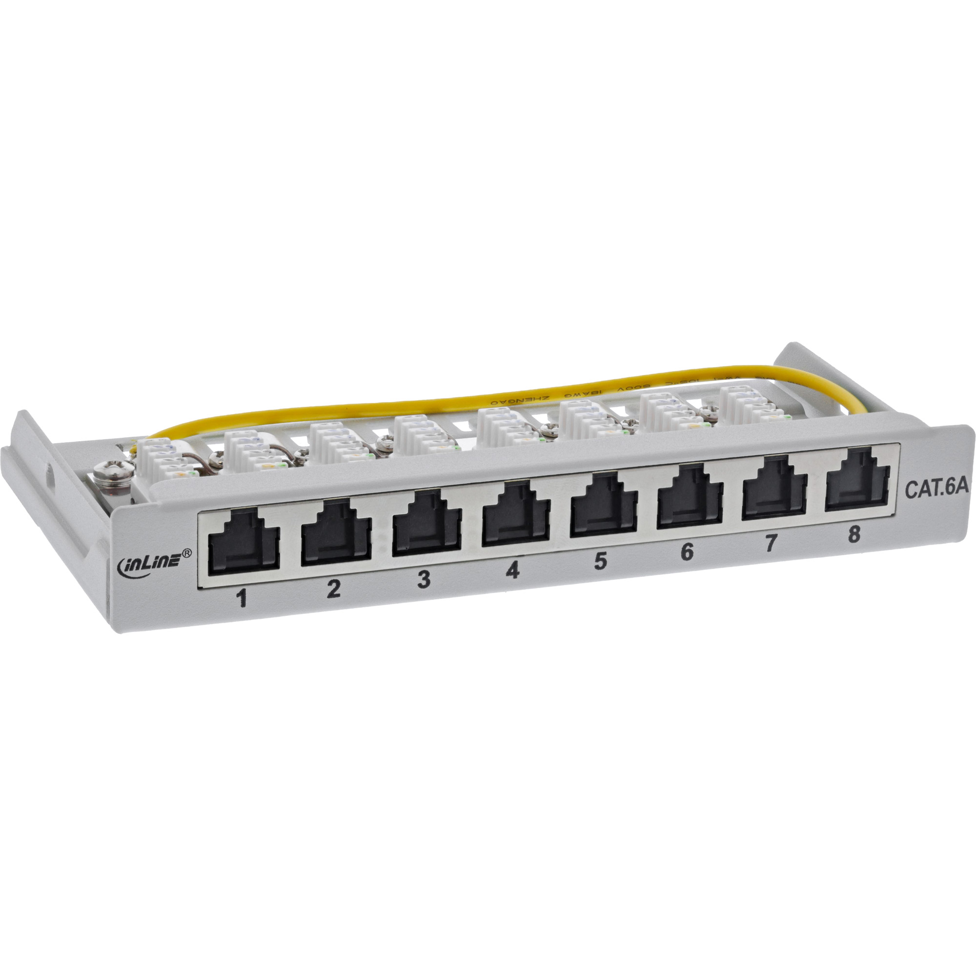 Inline® Patchfeld Cat.6A 0,5HE 8-fach, Tisch/Wand/Hutschiene, grau, Staubschutz