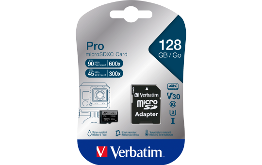 Micro SDXC Card Verbatim ''PRO'' 128GB, U3, inkl. SD-Adapter