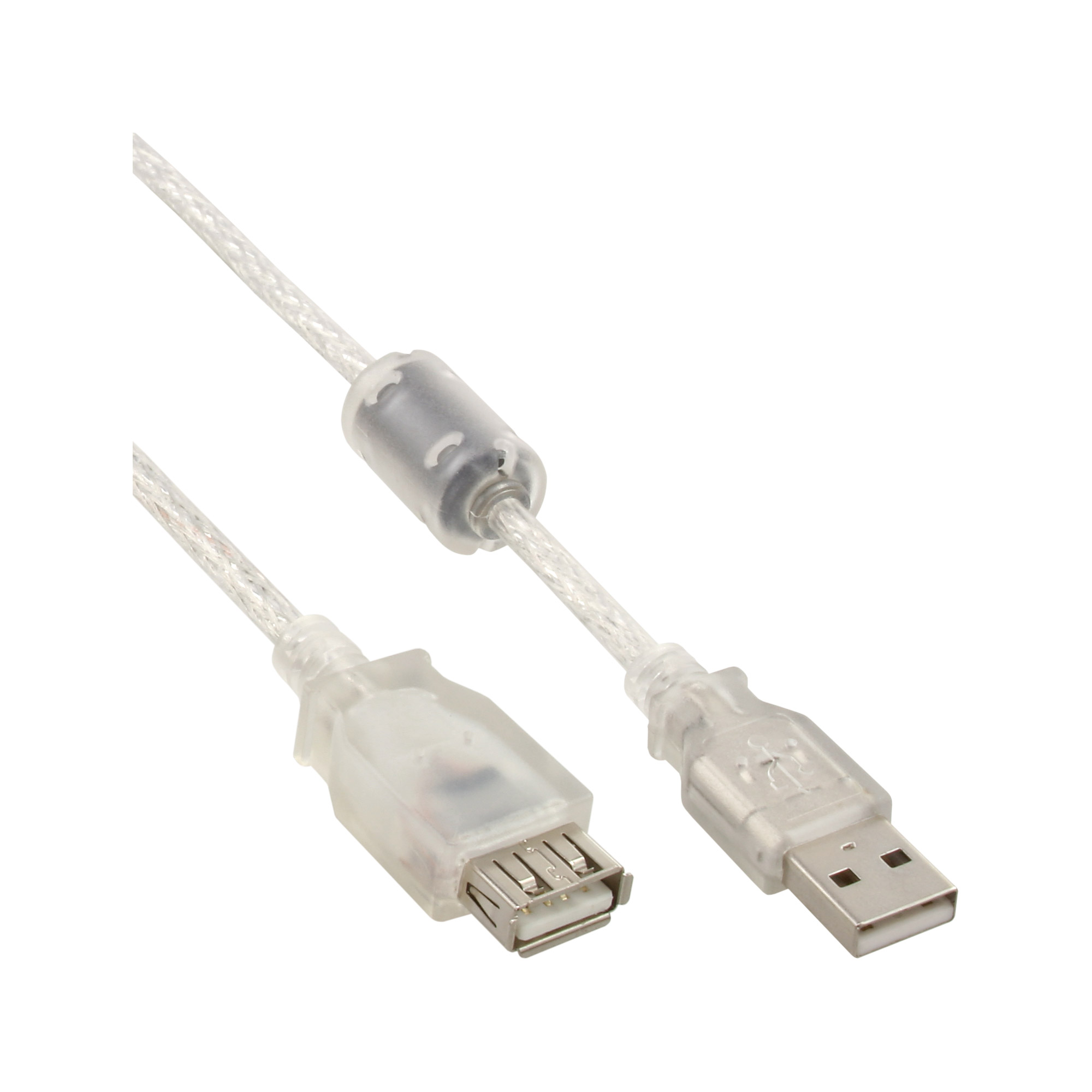 Inline® USB 2.0 VerLängerung, St/Bu, Typ A, transparent, mit Ferritkern 1m
