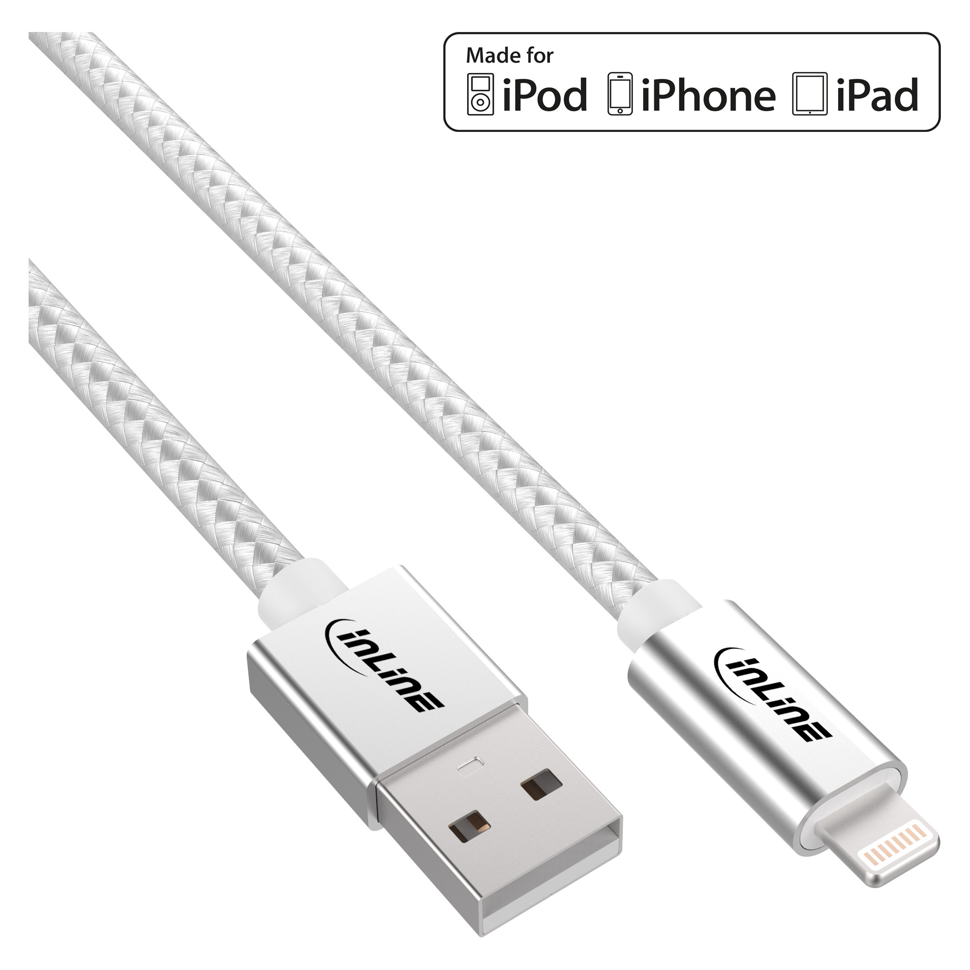 Inline® Lightning USB Kabel, für iPad, iPhone, iPod, silber/Alu, 2m MFi-zert.
