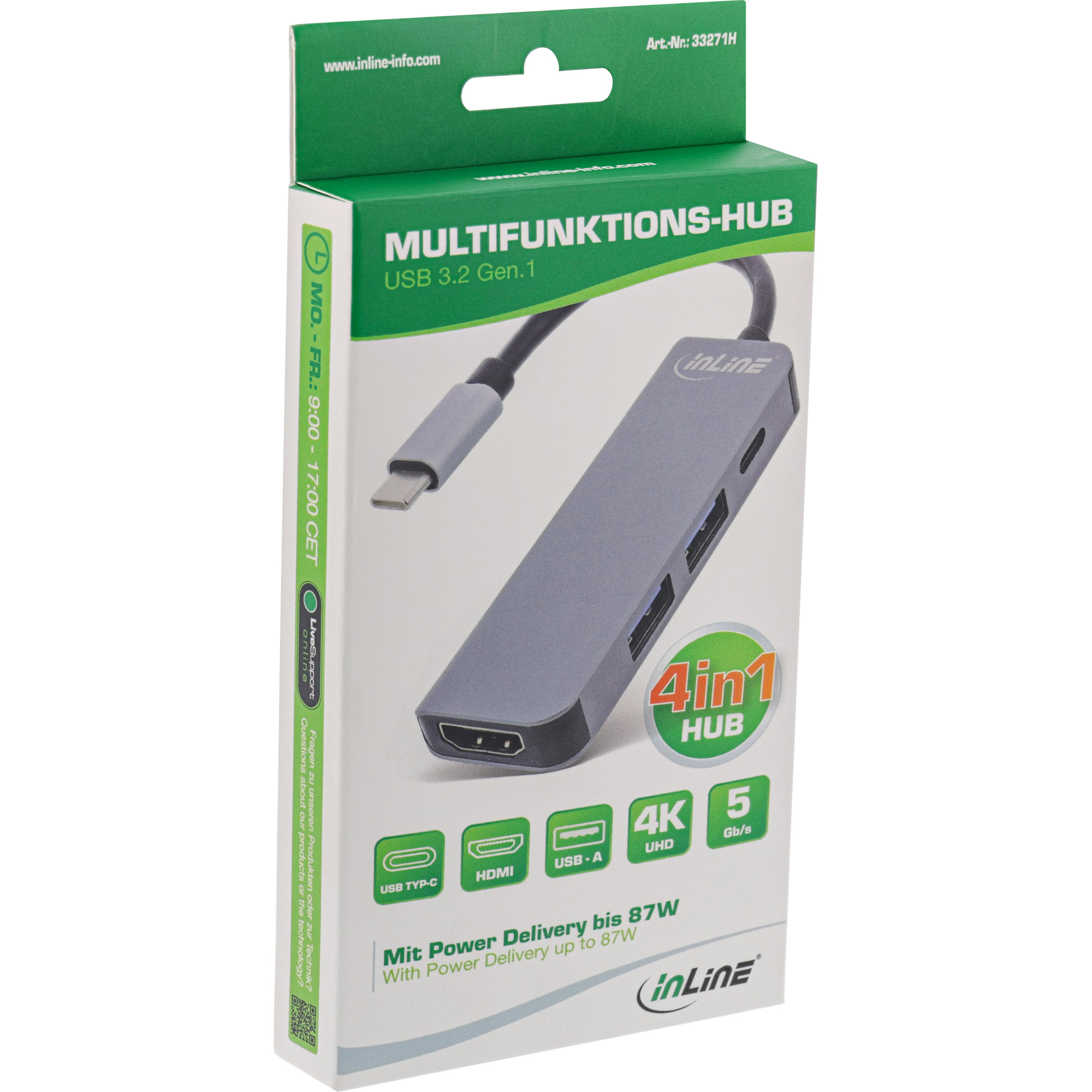 Inline® Multihub USB 3.2 Gen.1, 2x USB-A, HDMI 4K/30Hz, USB-C PD 87W Inline® Multihub USB 3.2 Gen.1, 2x USB-A, HDMI 4K/30Hz, USB-C PD 87W