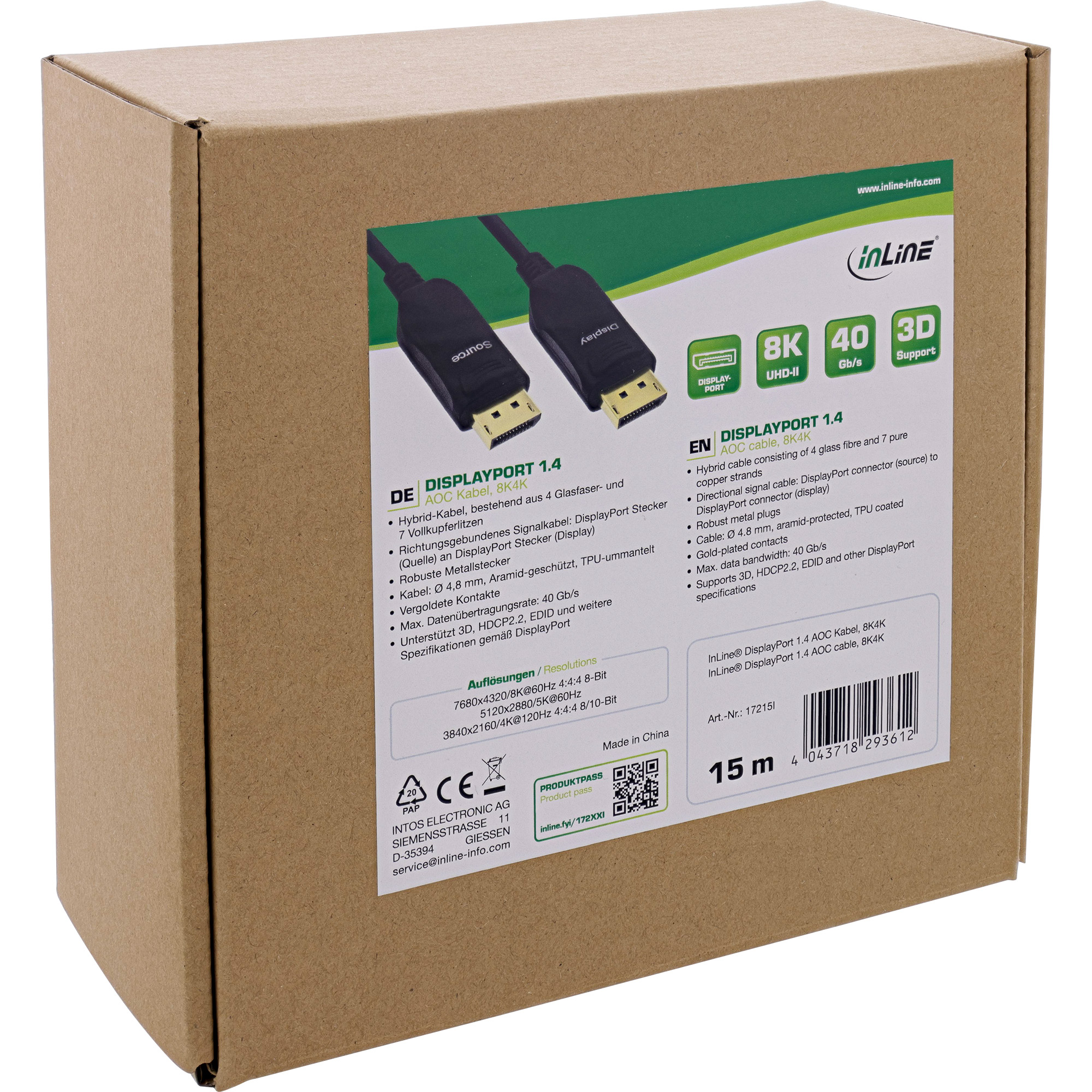 Inline® DisplayPort 1.4 AOC Kabel, 8K4K, schwarz, 15m