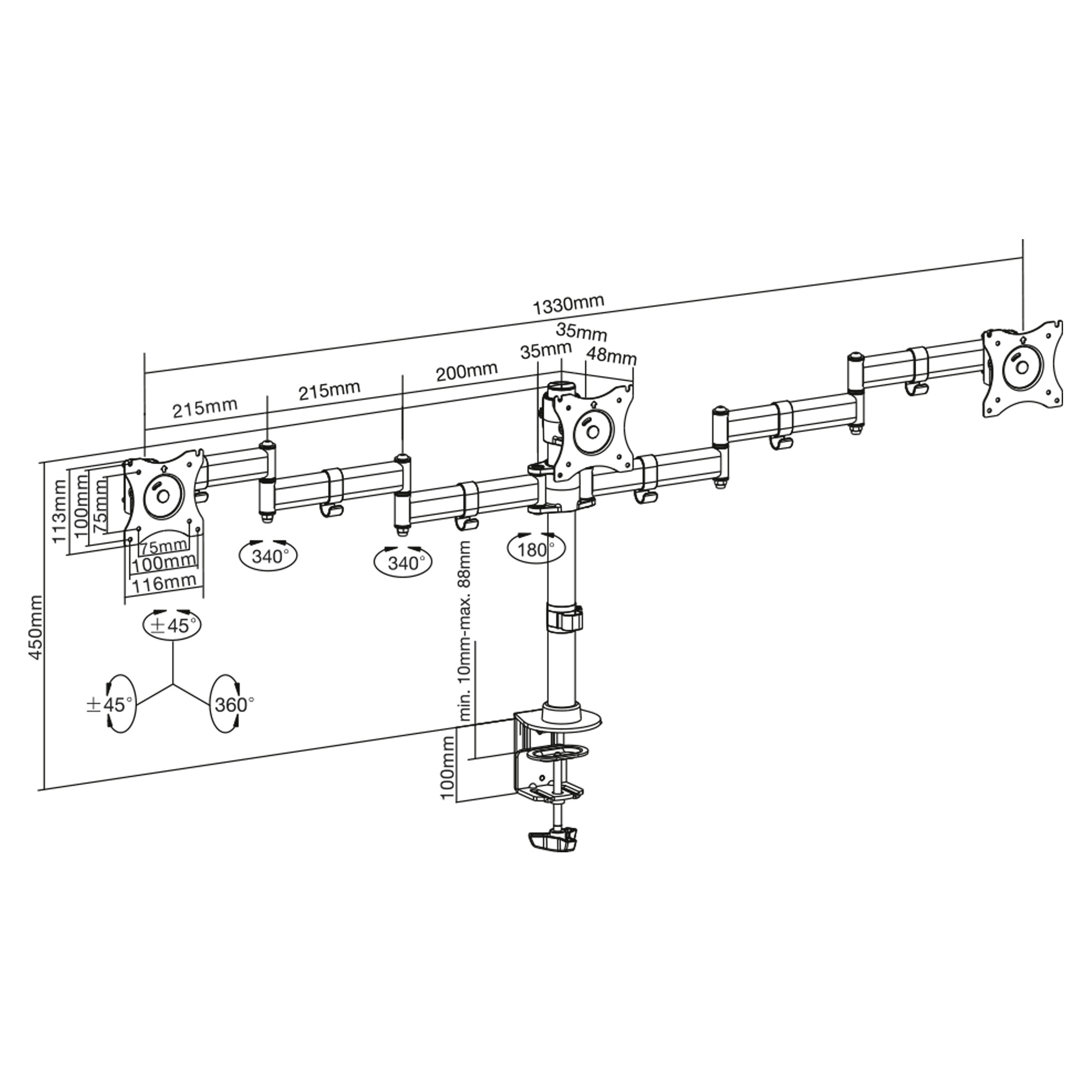 Inline® Tischhalterung für 3x TFT/LCD/LED bis 68cm (27"), max. 3x8 kg