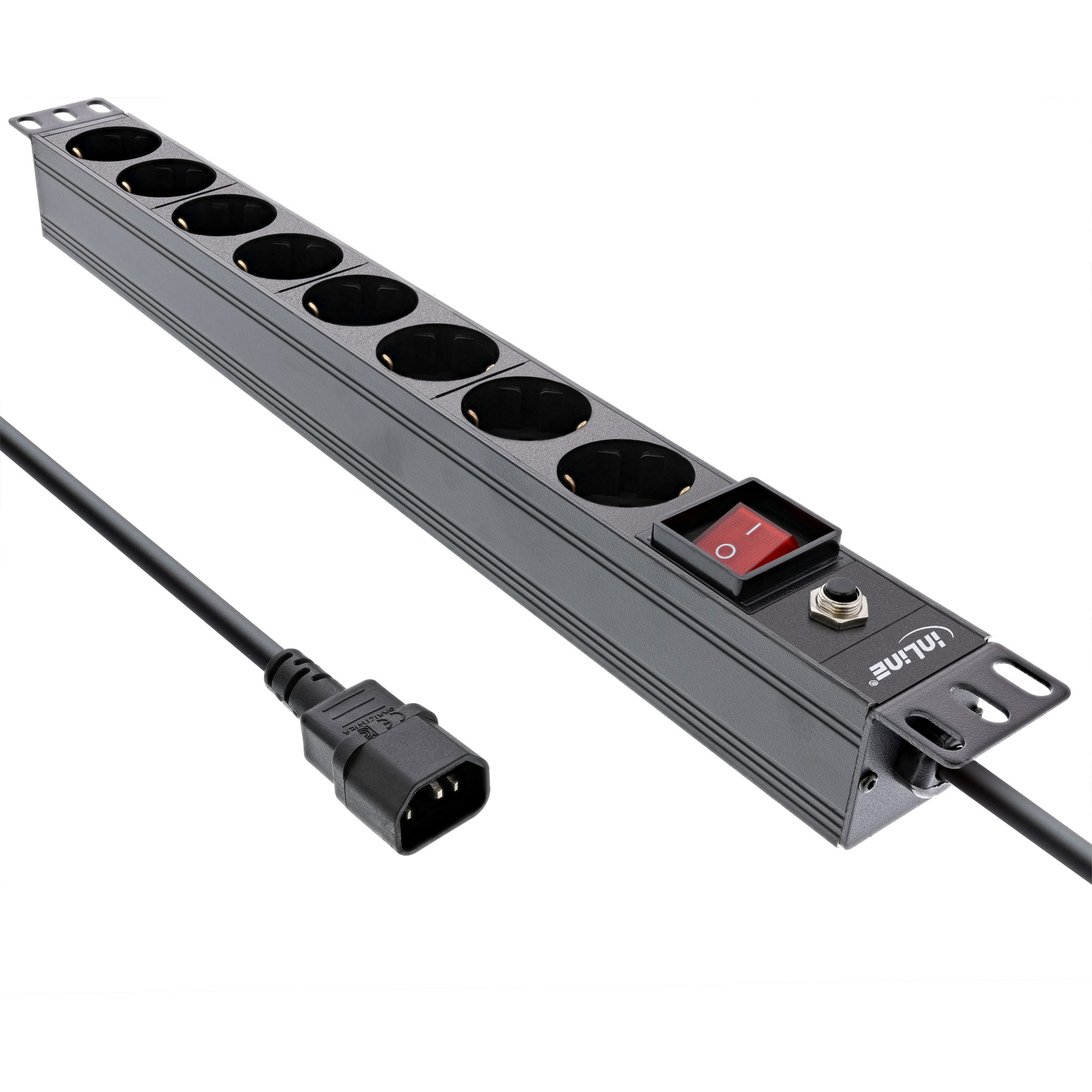 Inline® 19" Steckdosenleiste, 8-fach Schutzkontakt, C14 Stecker, Überlastschutz