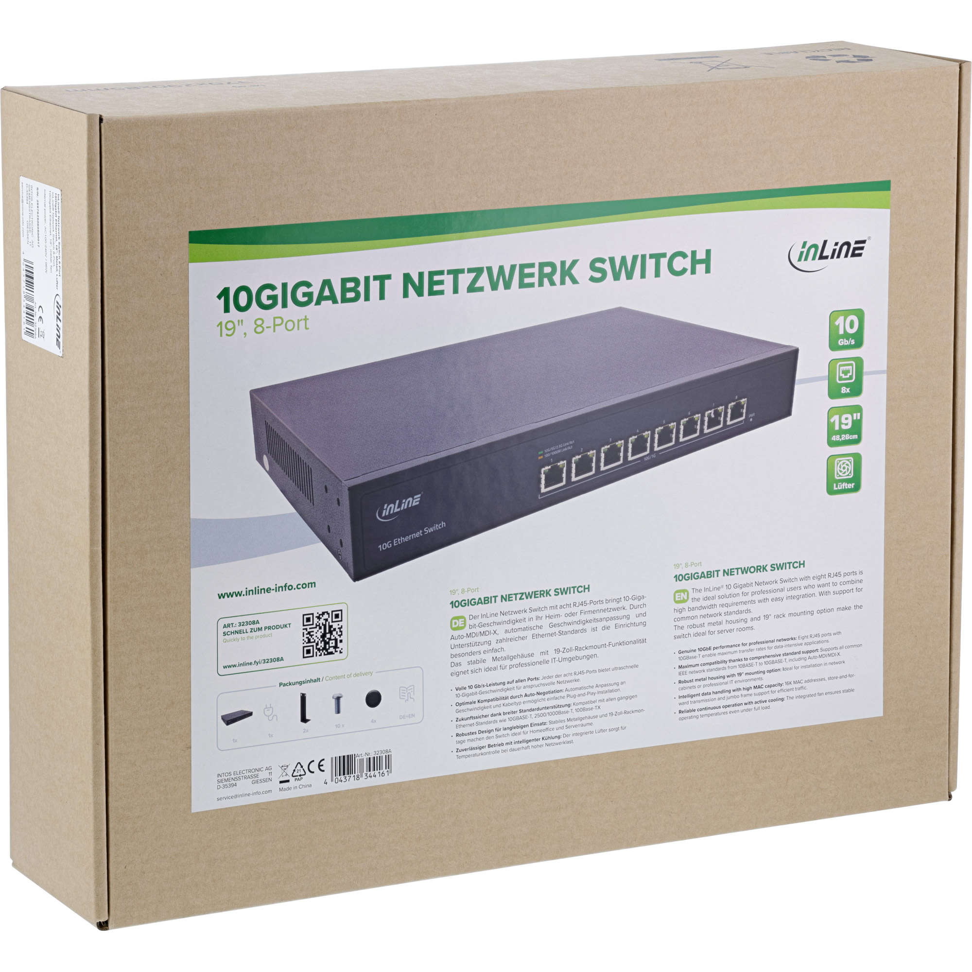 InLine® Netzwerk Switch 8-Port, 10Gigabit Ethernet, 19", Metall, Lüfter