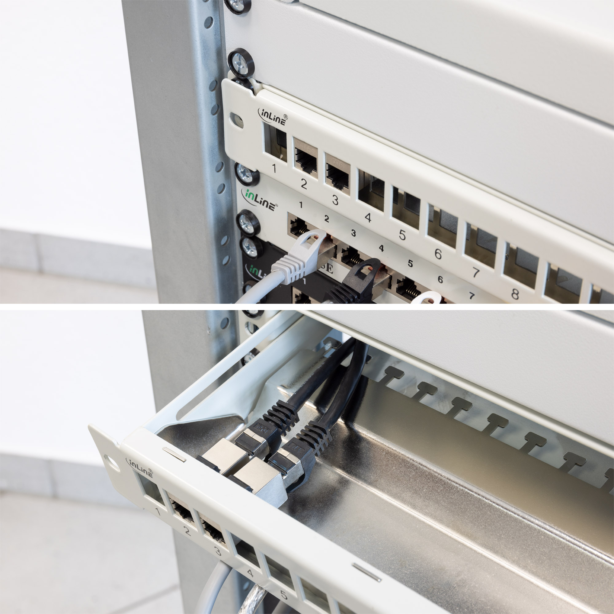 Inline® Patchfeld 24-fach, Keystone Leerblech Patchpanel mit Auszug, 19", 1HE Schwarz
