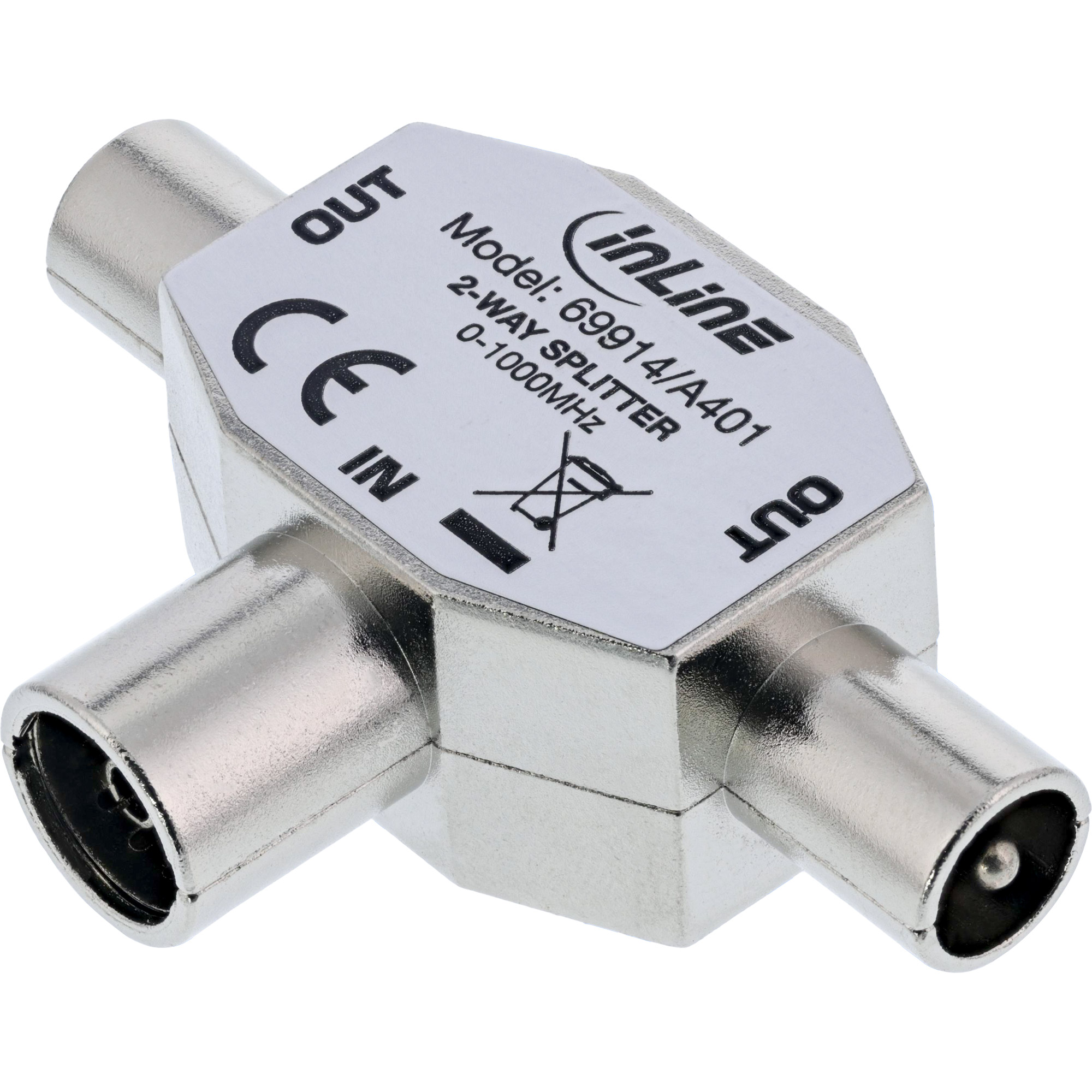 Inline® Antenne T-Verteiler für TV, 1x Koax Buchse an 2x Koax Stecker