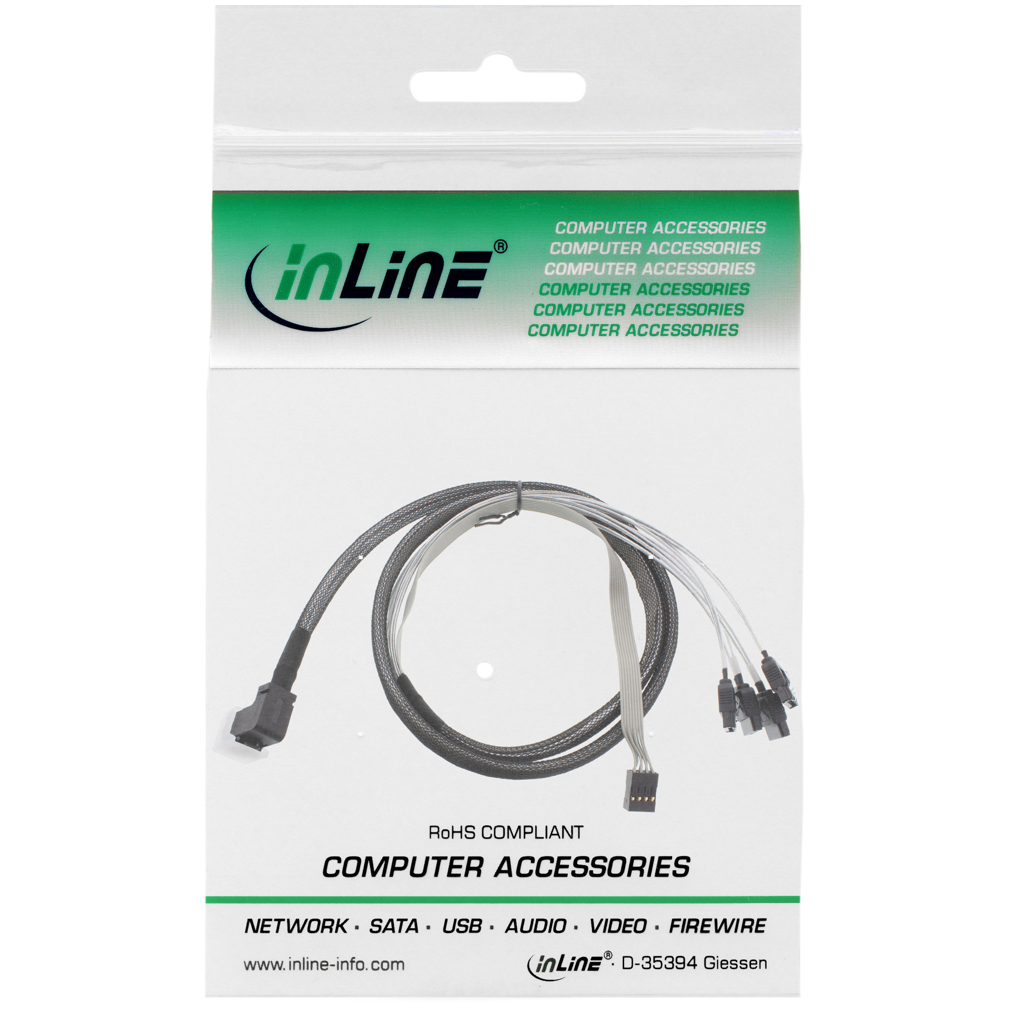 Inline® Mini SAS HD Kabel, SFF-8643 gewinkelt zu 4x SATA + Sideband, 0,5m