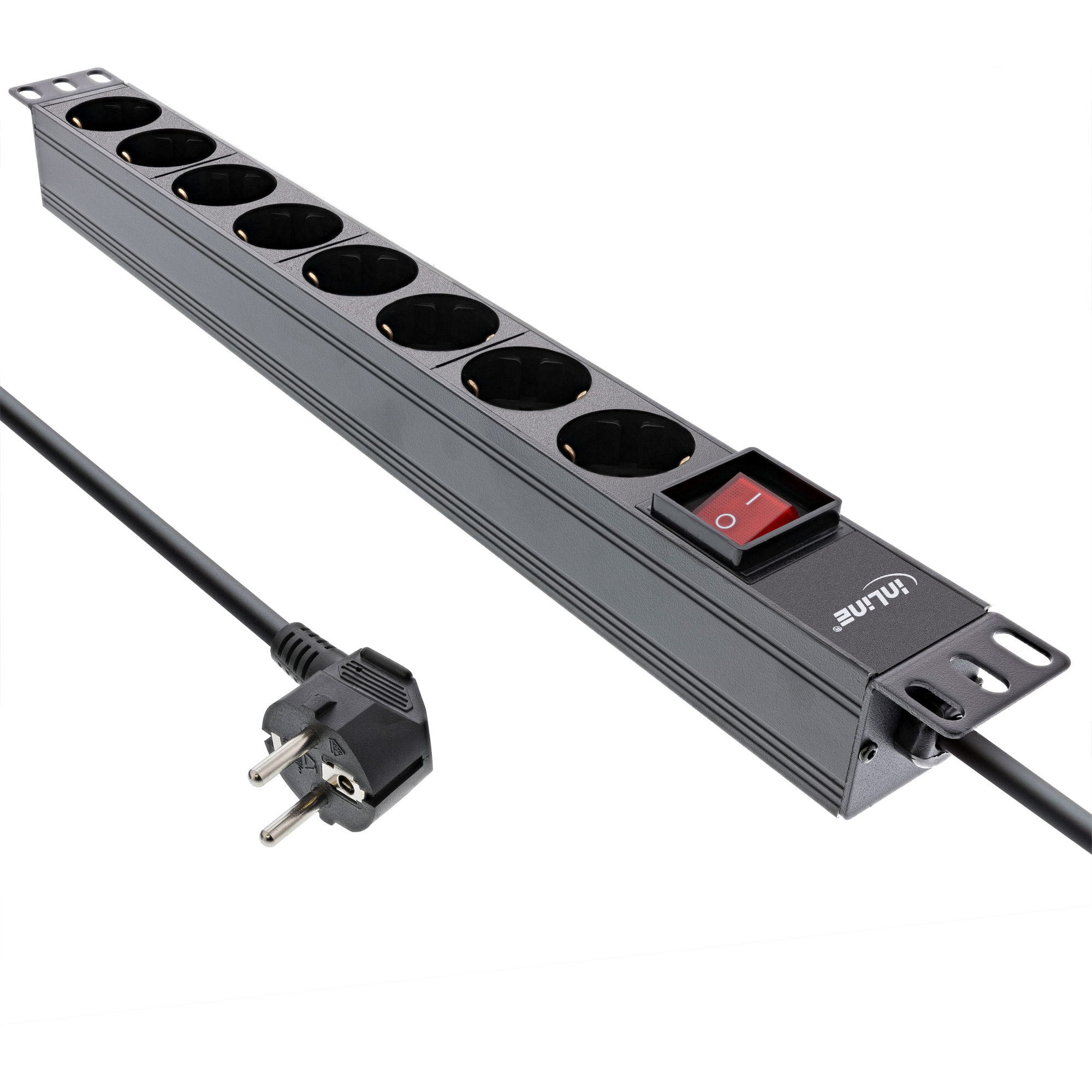 Inline® 19" Steckdosenleiste, 8-fach Schutzkontakt, mit Schalter, 2m, schwarz