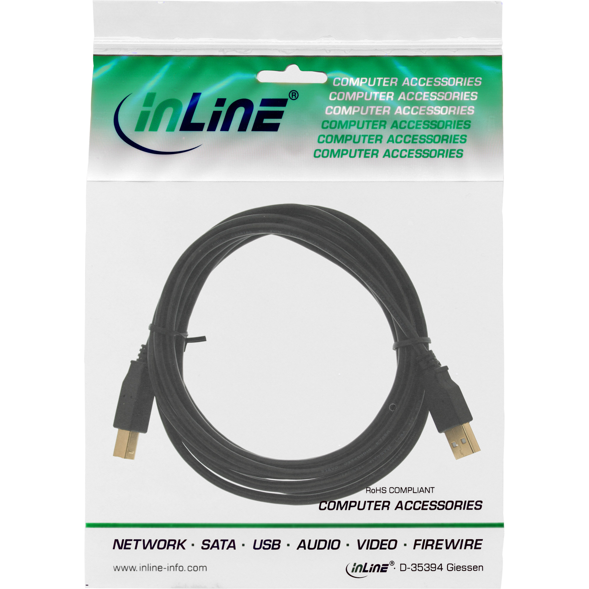 Inline® USB 2.0 Kabel, A an B, schwarz, Kontakte gold, 0,3m