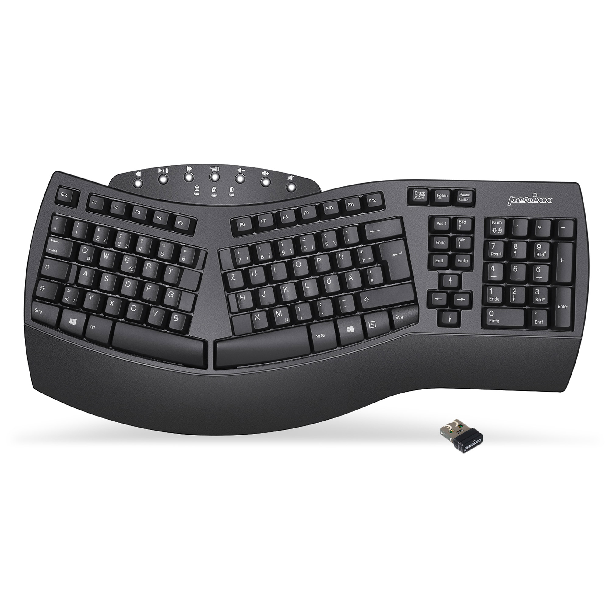Perixx PERIBOARD-612B DE, ergonomische Tastatur, Dualmodus, Funk/Bluetooth Schwarz