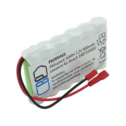 Akkupack NiMH 7,2V 900mAh F1x6 WP900AA mit Faston-Buchse / -Stecker 4,8mm 10cm Kabel ersetzt Bosch 1687335002 Akkupack NiMH 7,2V 900mAh F1x6 WP900AA mit Faston-Buchse / -Stecker 4,8mm 10cm Kabel ersetzt Bosch 1687335002