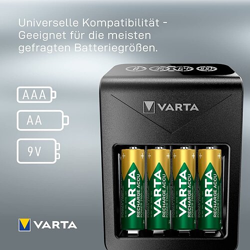 NiMH Akku LCD+ Plug Ladegerät 0,45A Varta 57687 für AA Mignon AAA Micro 9 V Block USB