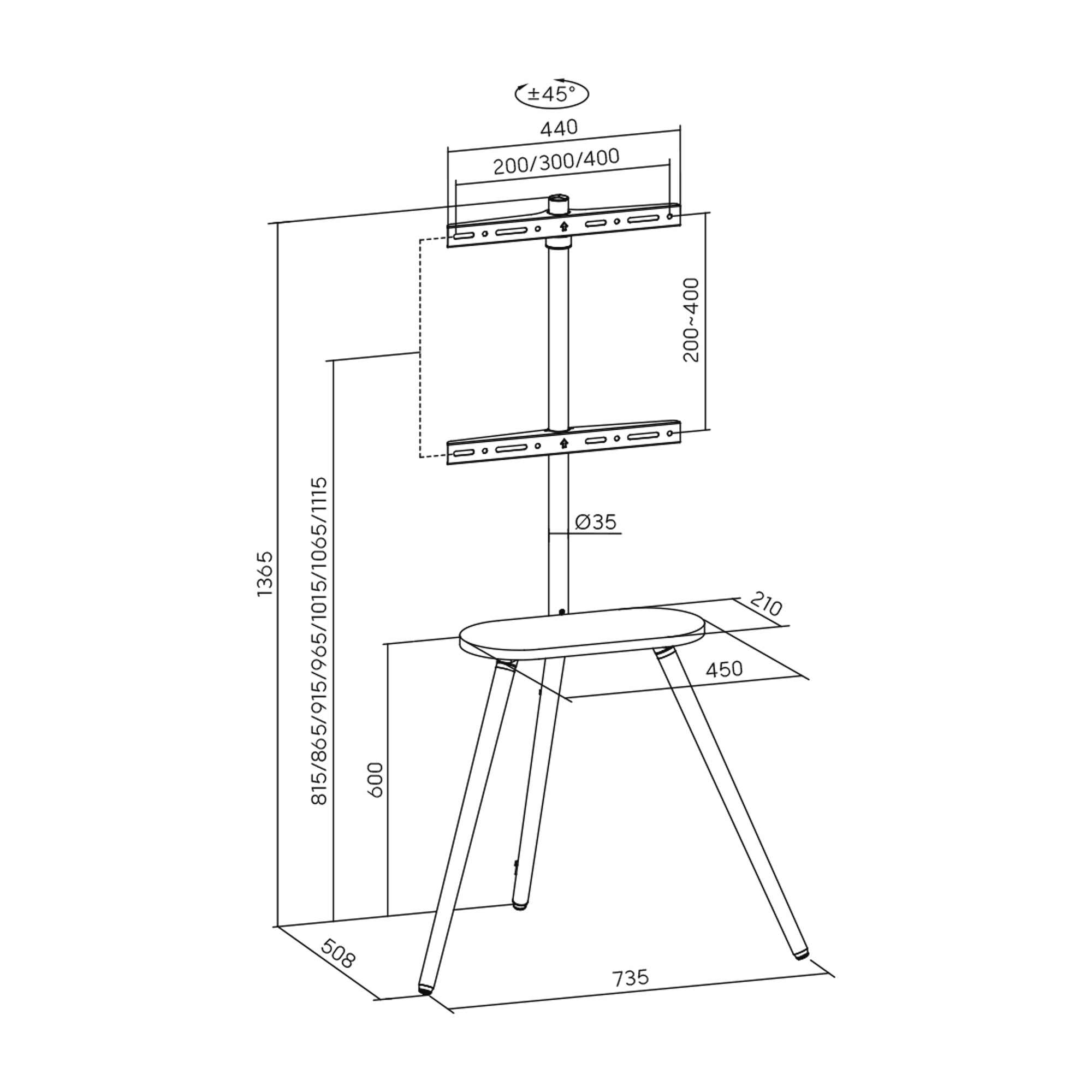 InLine® woodstand II, TV-Standfuß mit Ablage, Dreibein, 43"-65" (110-165cm)