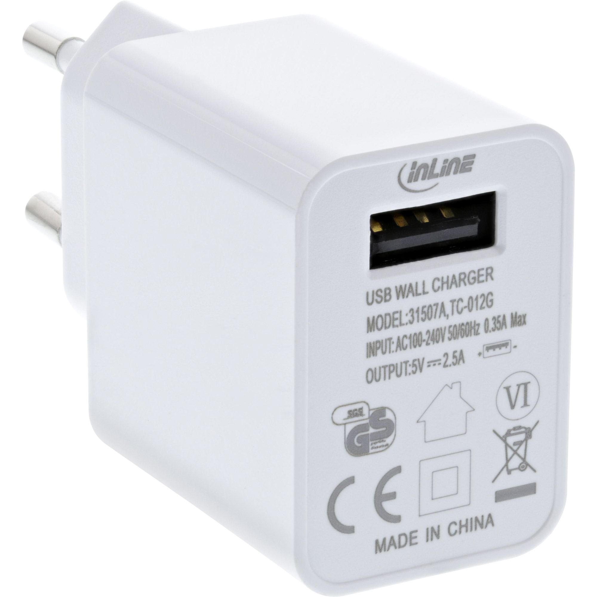Inline® USB Ladegerät Single, Netzteil, 100-240V zu 5V/2,5A, weiß