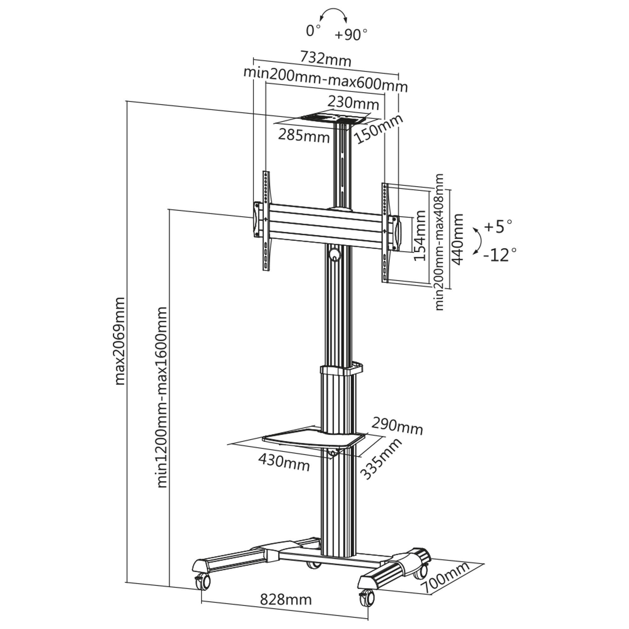 Inline® TV-Wagen, Höhenverstellbar, für LED-TV 37"-70" (94-178cm), max. 50kg