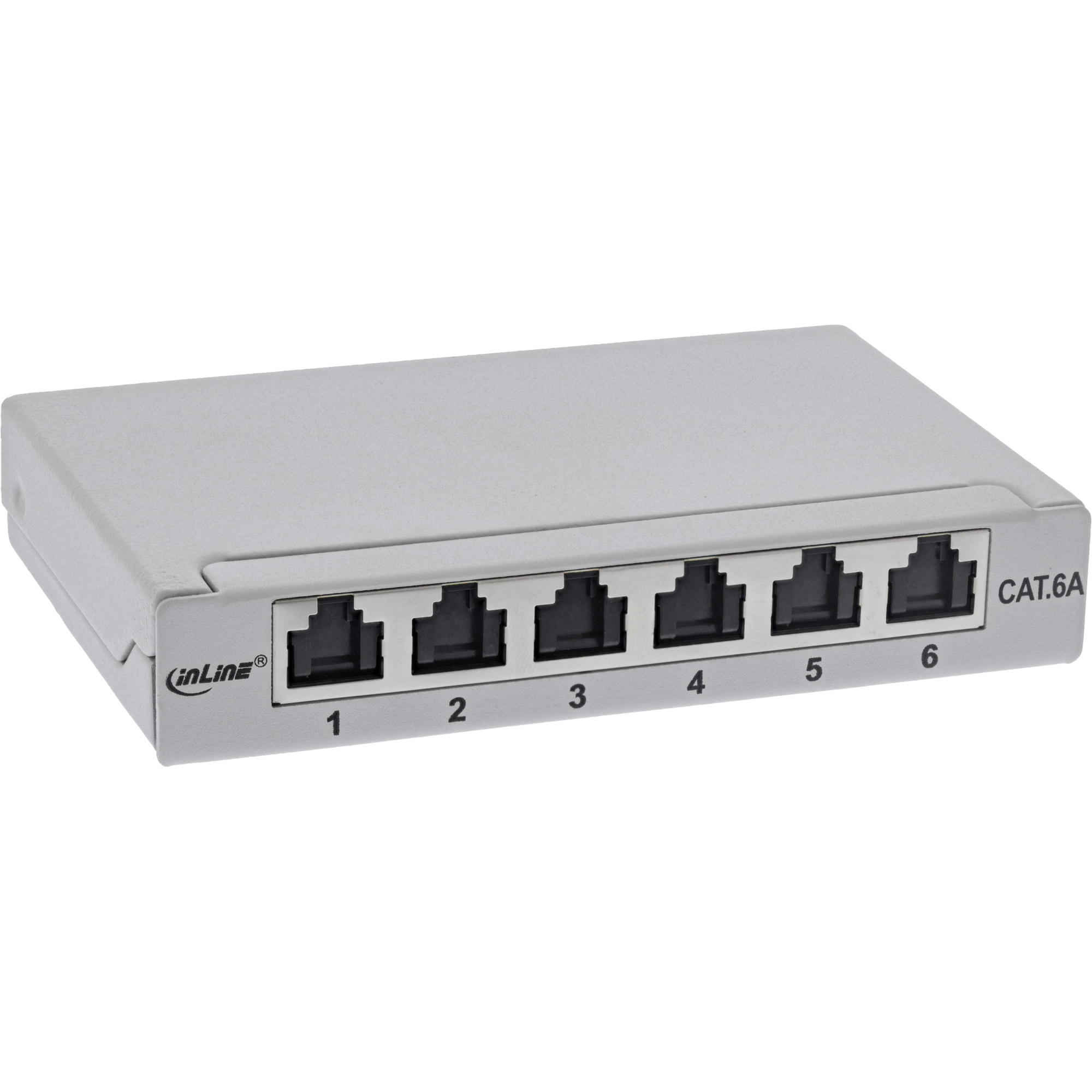 Inline® Patchfeld Cat.6A 0,5HE 6-fach, Tisch/Wand/Hutschiene, grau, Staubschutz