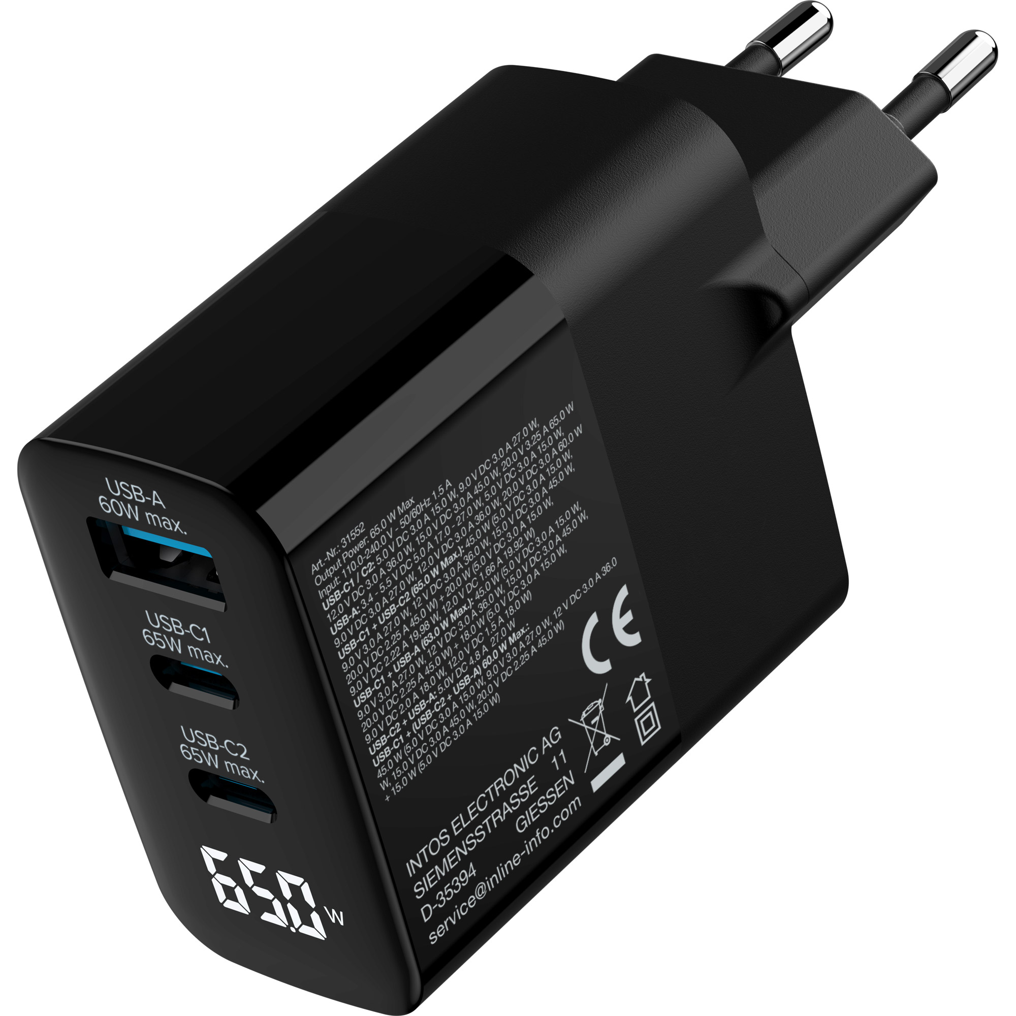 InLine® USB PD Netzteil, GaN Ladegerät, 3-Port, USB-C + USB-A, 65W, mit Display InLine® USB PD Netzteil, GaN Ladegerät, 3-Port, USB-C + USB-A, 65W, mit Display
