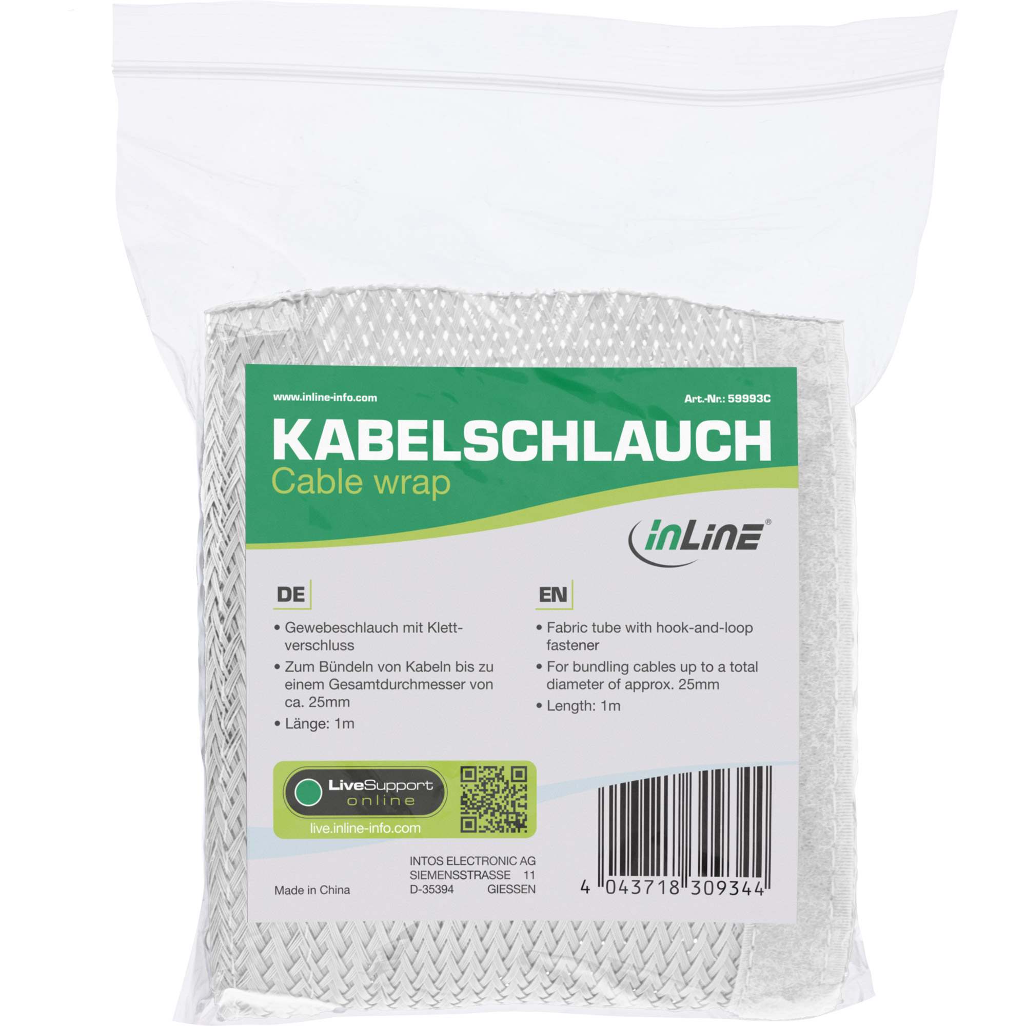 Inline® Kabelschlauch, Gewebeschlauch mit Klettverschluss, 1m x 25mm weiß