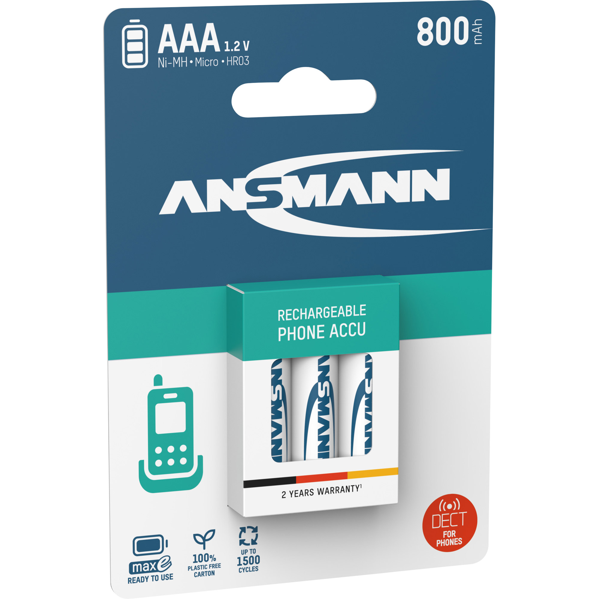 Ansmann NiMH AAA Micro 800mAh HR03 Akku für DECT Telefon - 3er Verpackung Ansmann NiMH AAA Micro 800mAh HR03 Akku für DECT Telefon - 3er Verpackung