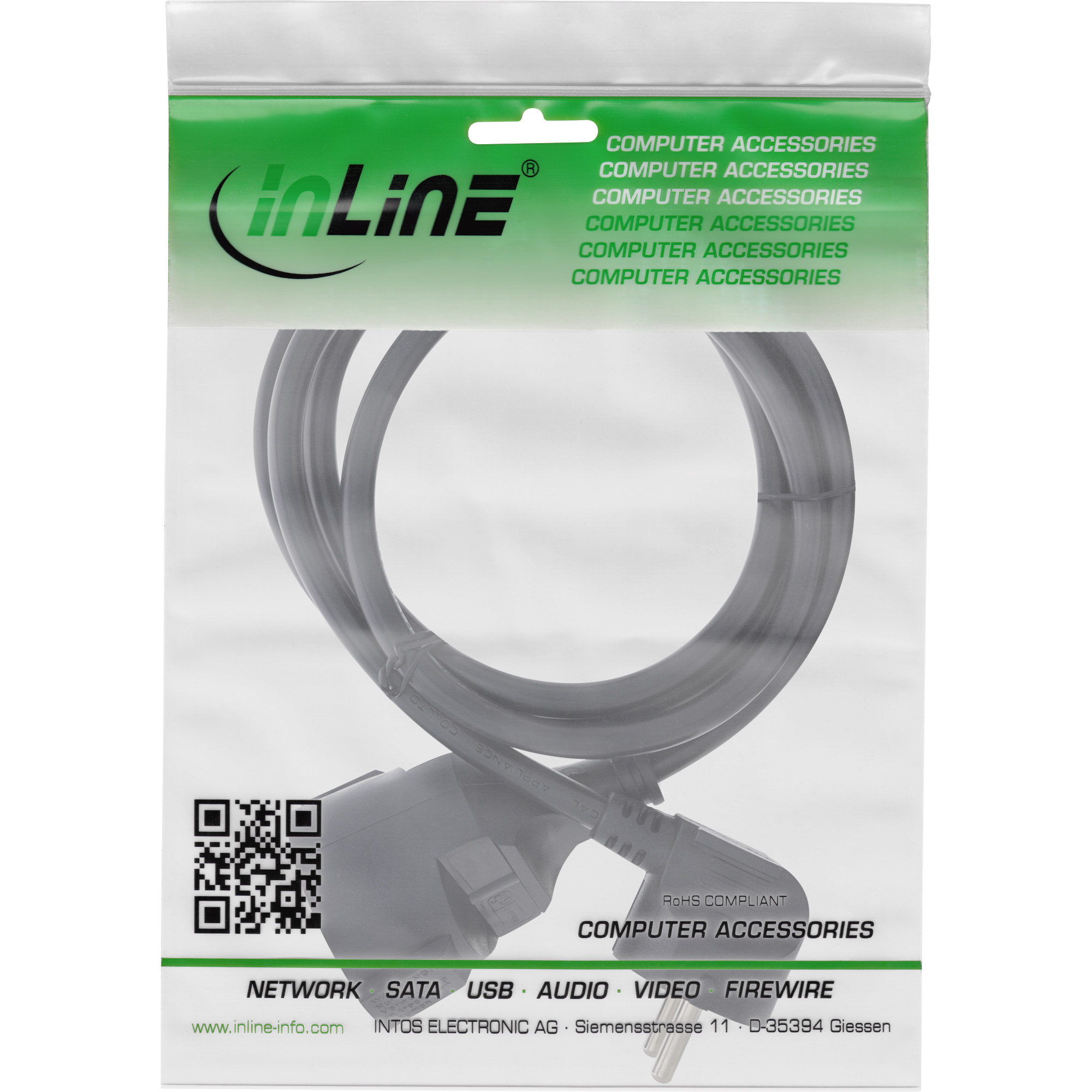 Inline® Strom-VerLängerung Schutzkontakt Stecker gewinkelt/Buchse, schwarz, 15m