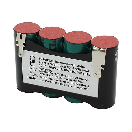 Rasenscheren-Akku NiMH 4,8V 2150mAh ersetzt Wolf Accu 60, 4 VSE 4/5A 1200, 7085 055, 801536, 7085055, 7085916 Rasenscheren-Akku NiMH 4,8V 2150mAh ersetzt Wolf Accu 60, 4 VSE 4/5A 1200, 7085 055, 801536, 7085055, 7085916