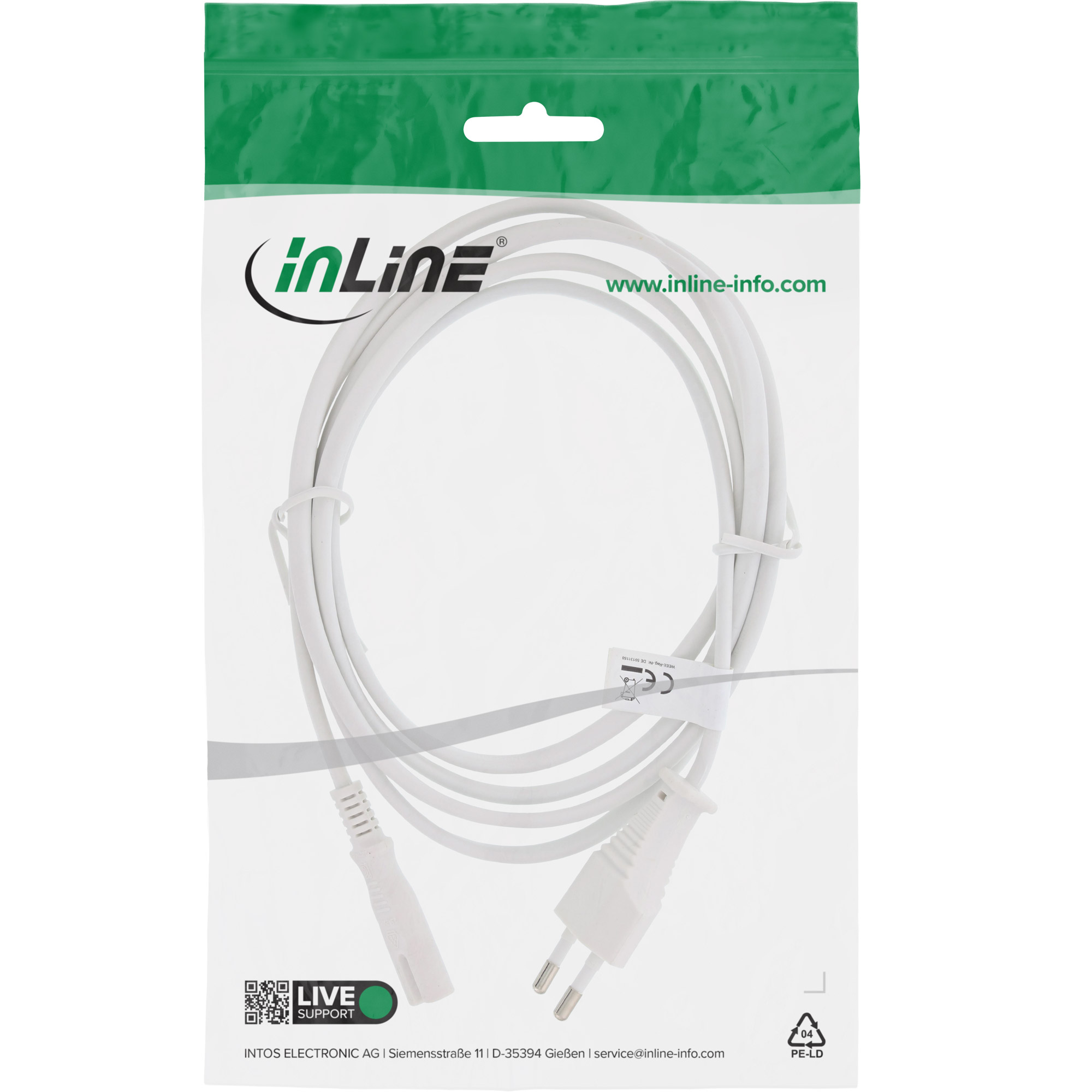 Inline® Netzkabel, Netzstecker auf Euro 8 C7 Stecker, weiß, 5,0m Inline® Netzkabel, Netzstecker auf Euro 8 C7 Stecker, weiß, 5,0m