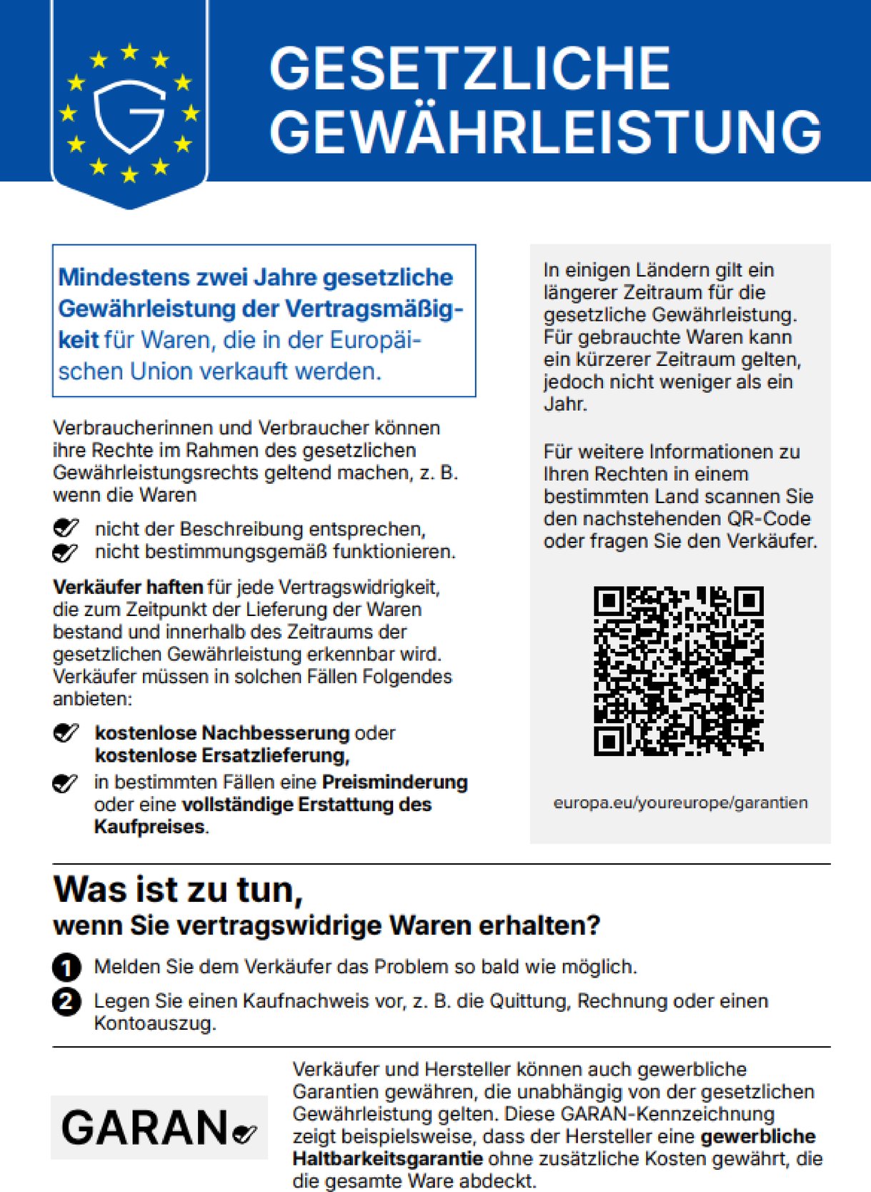 Hinweis zu Ihren gesetzlichen Gewährleistungsrechten