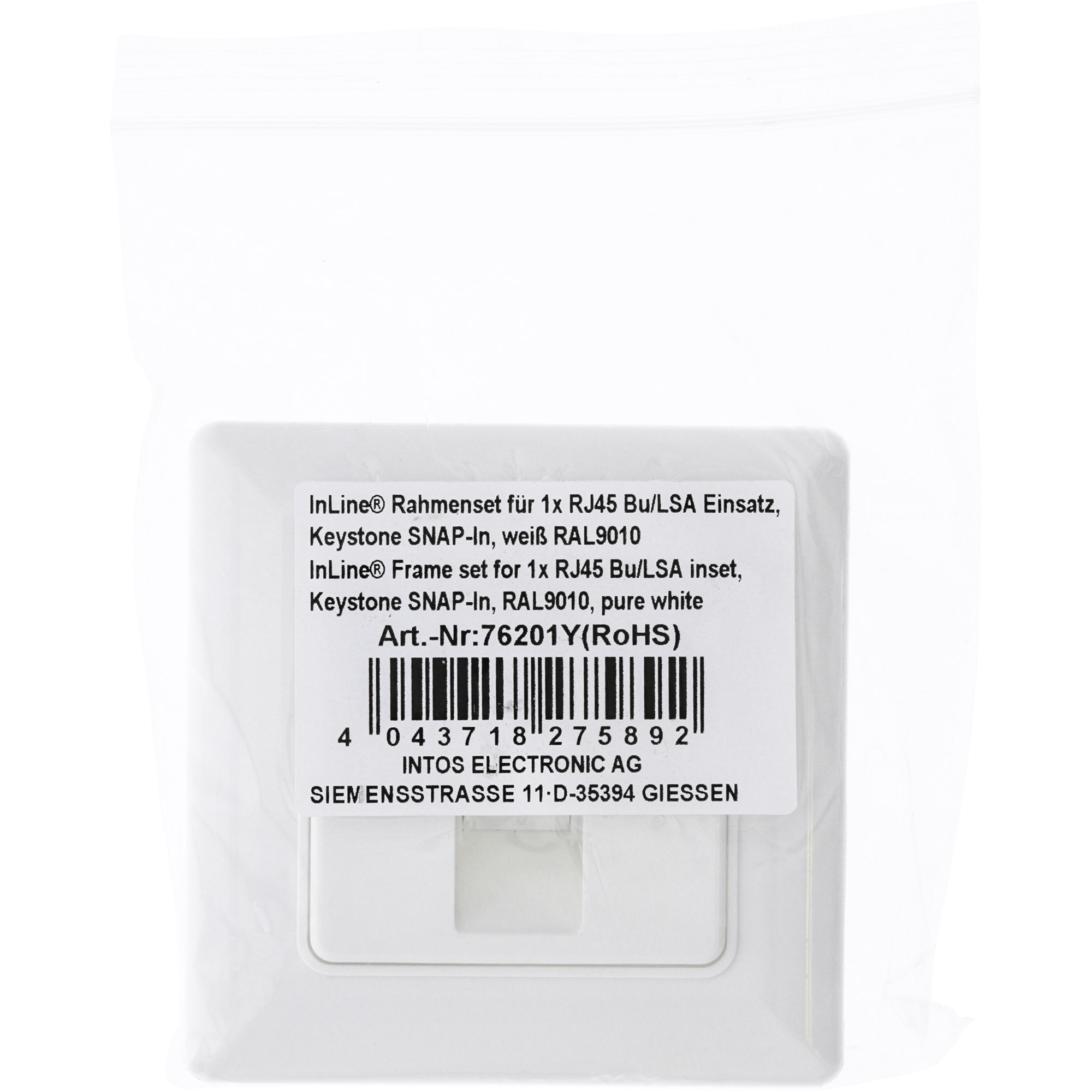 Inline® Rahmenset für 1x RJ45 Bu/LSA Einsatz, Keystone SNAP-In, weiß RAL9010
