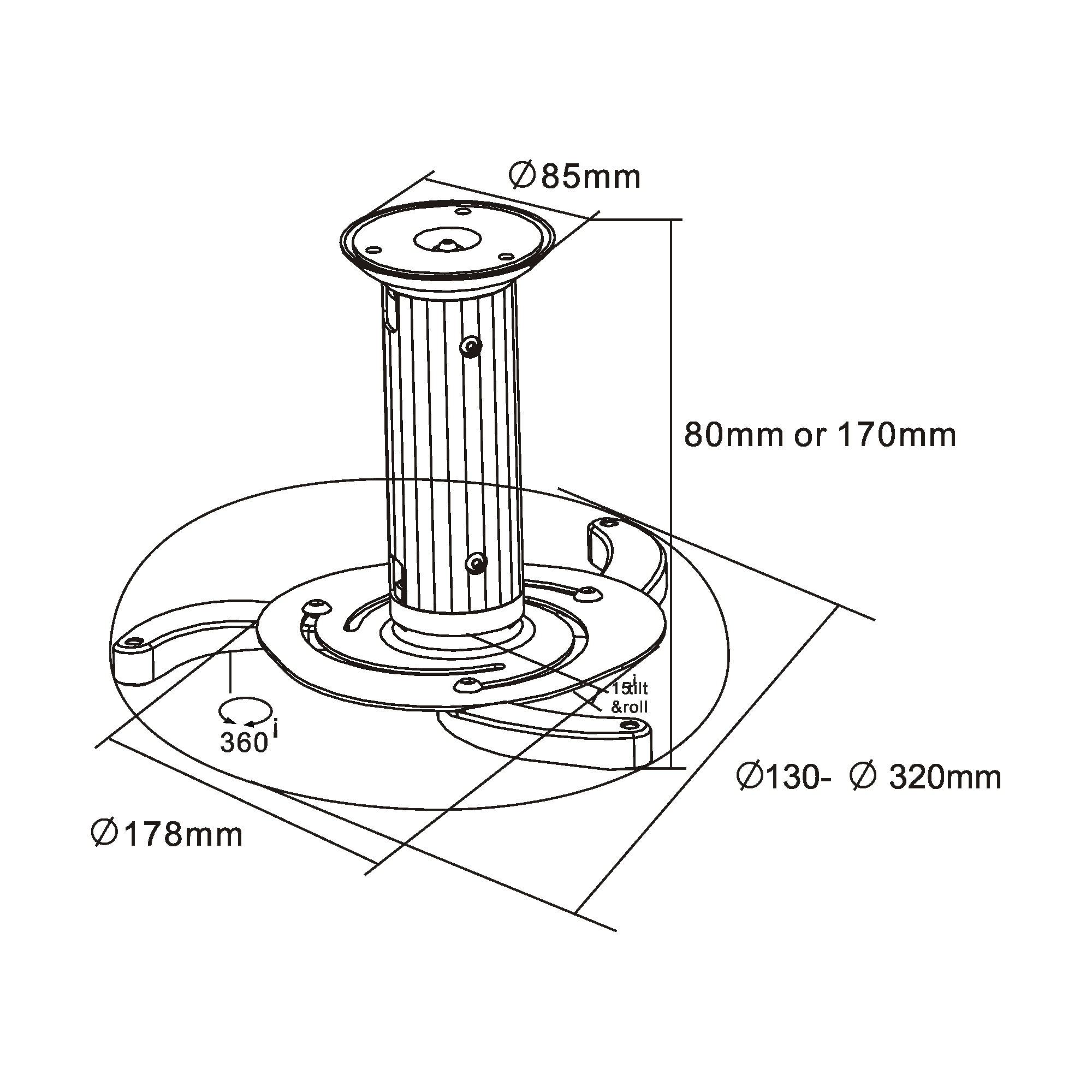 Inline® Deckenhalterung für Beamer, Höhe 130/200mm, max. 10kg