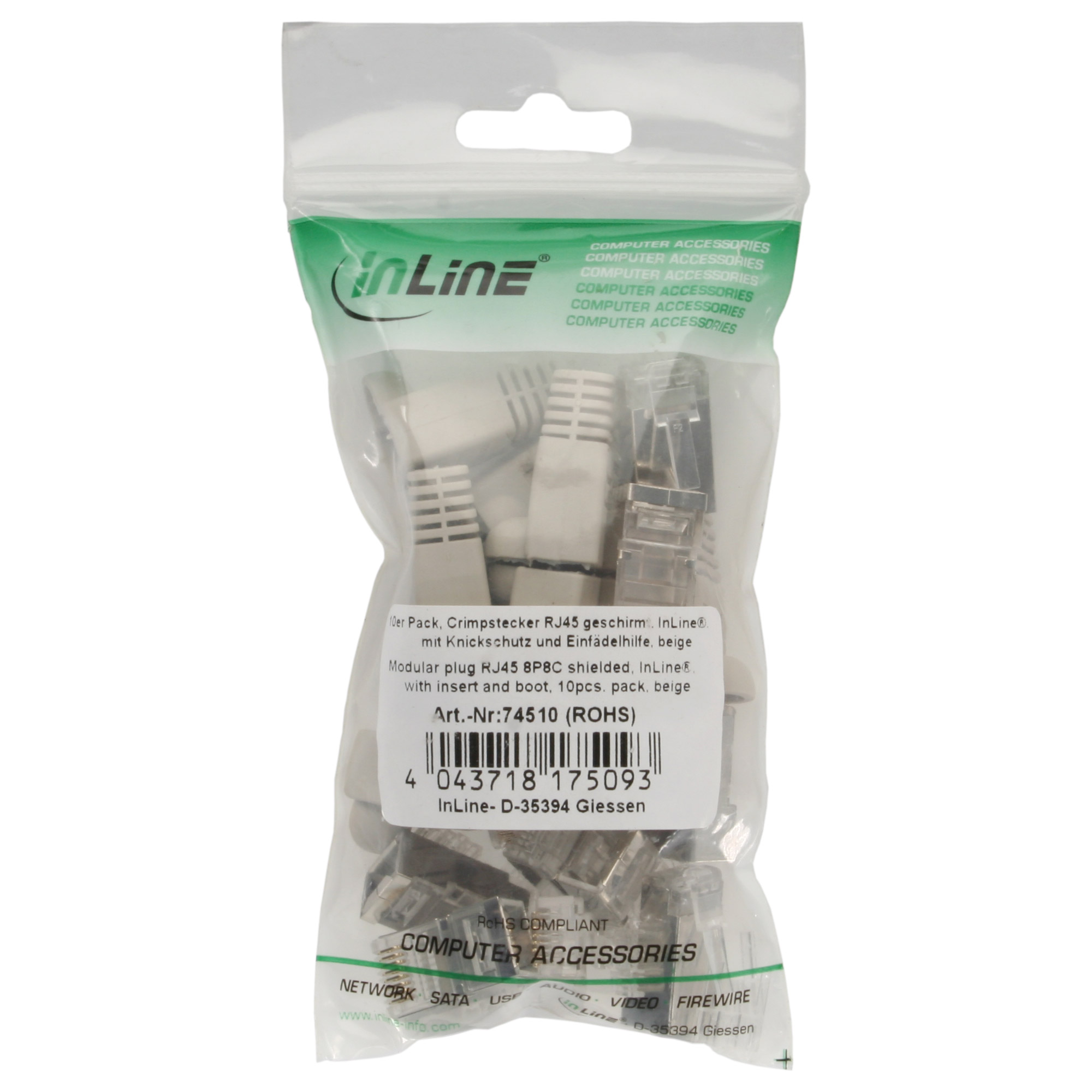 10er Pack Inline® Crimpst. RJ45 gesch., mit Knickschutz & Einfädelhilfe, beige