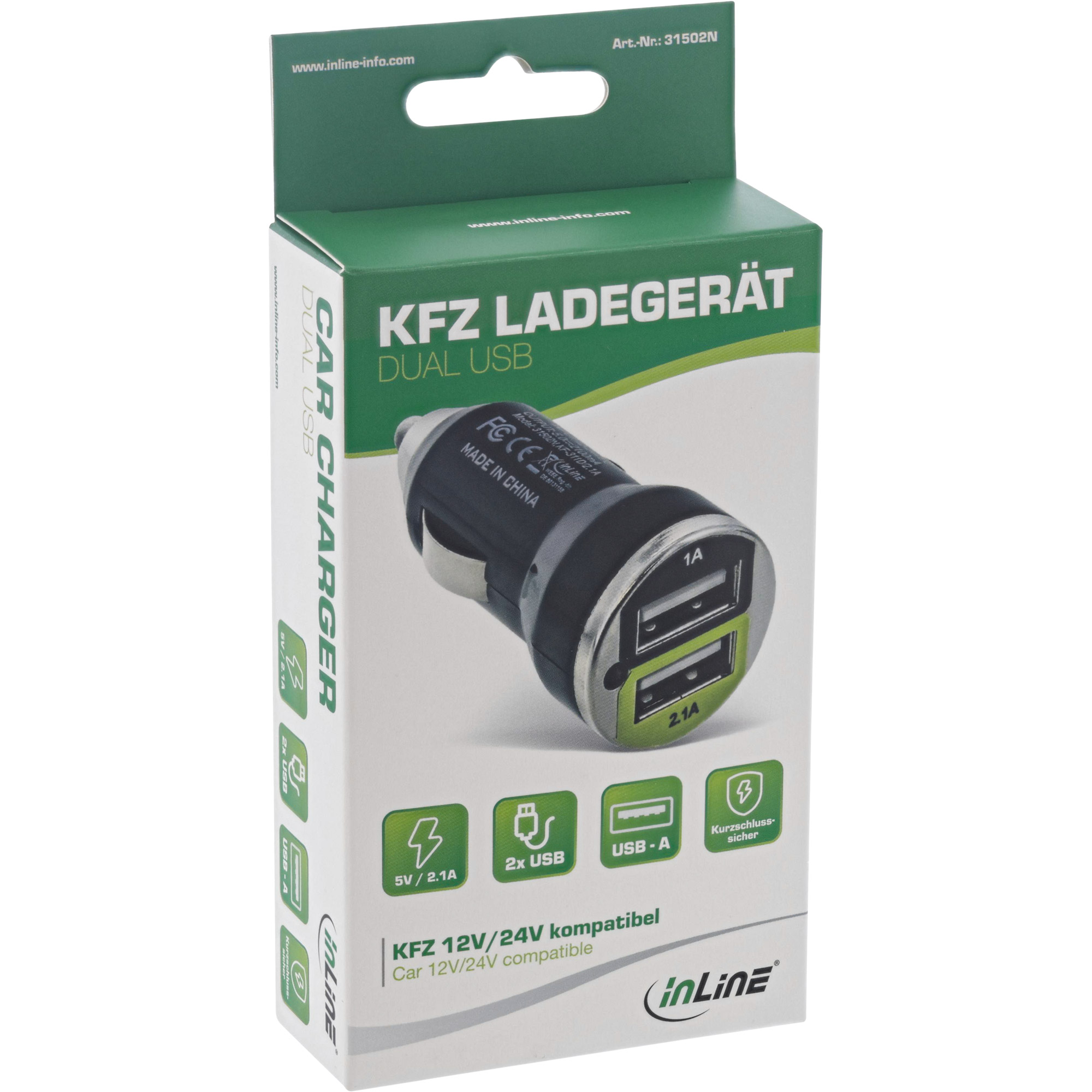 Inline® USB KFZ Ladegerät Stromadapter, 12/24VDC zu 5V DC/2.1A, Mini