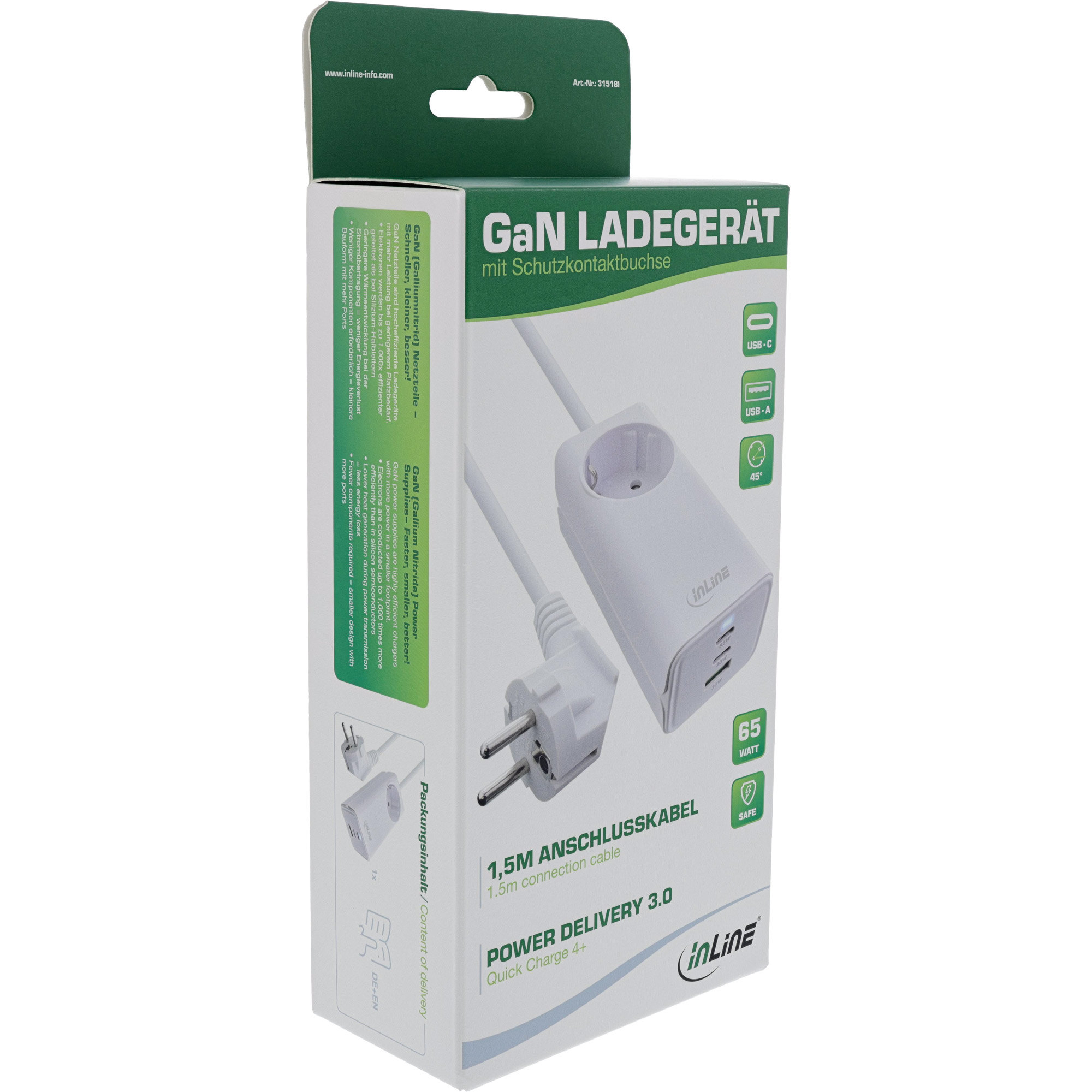 Inline® USB Netzteil, GaN Ladegerät, 2x USB-C, 1x USB-A, mit Schutzkontaktbuchse