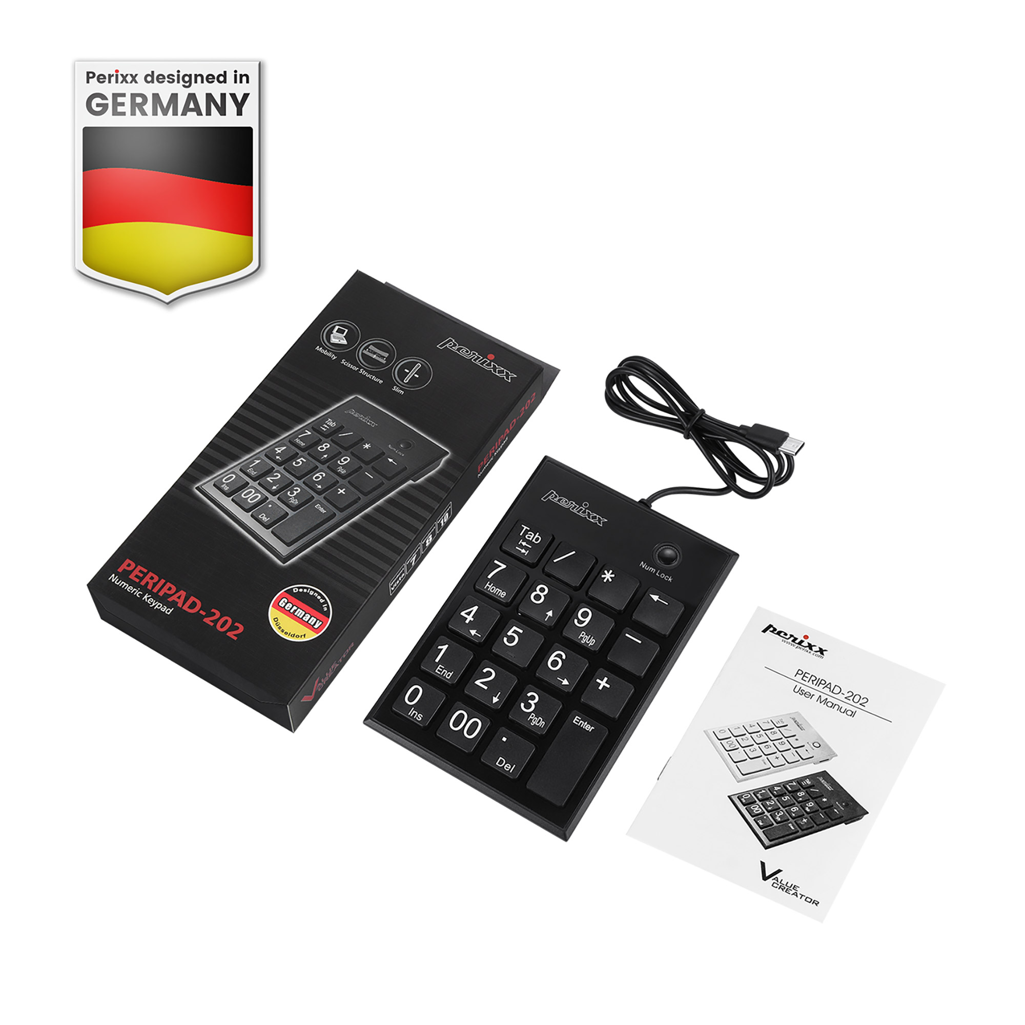 Perixx PERIPAD-202 C, USB Nummernblock mit 2-Port Hub, schwarz (USB-A)