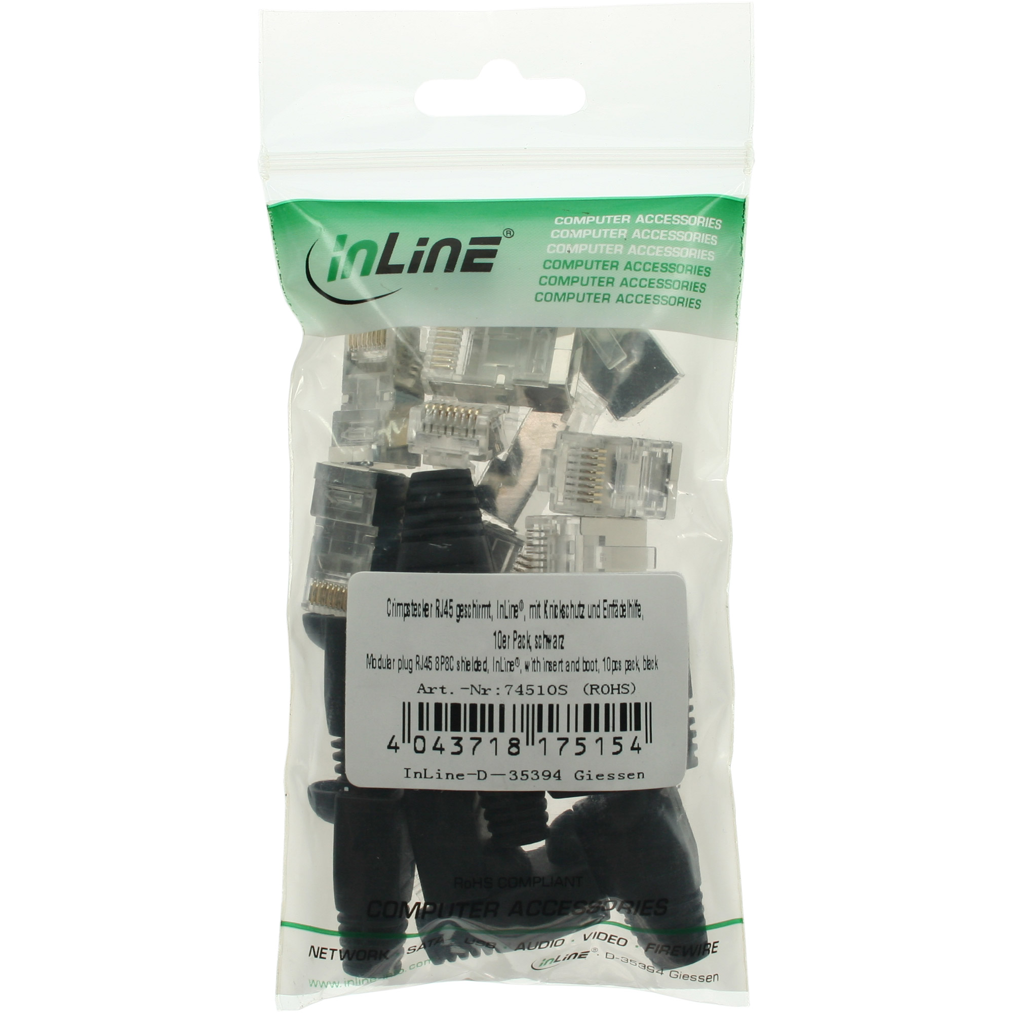 10er Pack Inline® Crimpst. RJ45 gesch., mit Knickschutz & Einfädelhilfe, schwarz