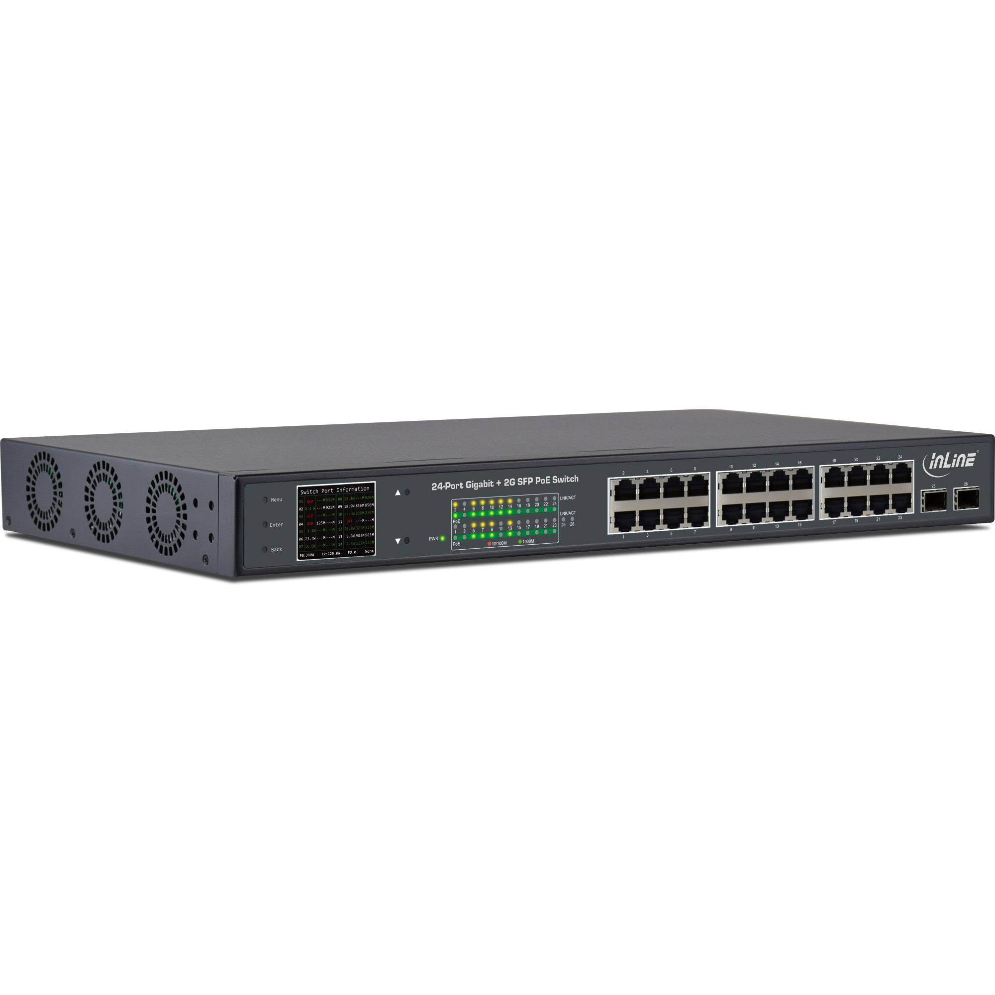 Inline® PoE+ Gigabit Netzwerk Switch 24 Port, 1Gb/s, 2xSFP,19"1HE (inkl. Winkel)
