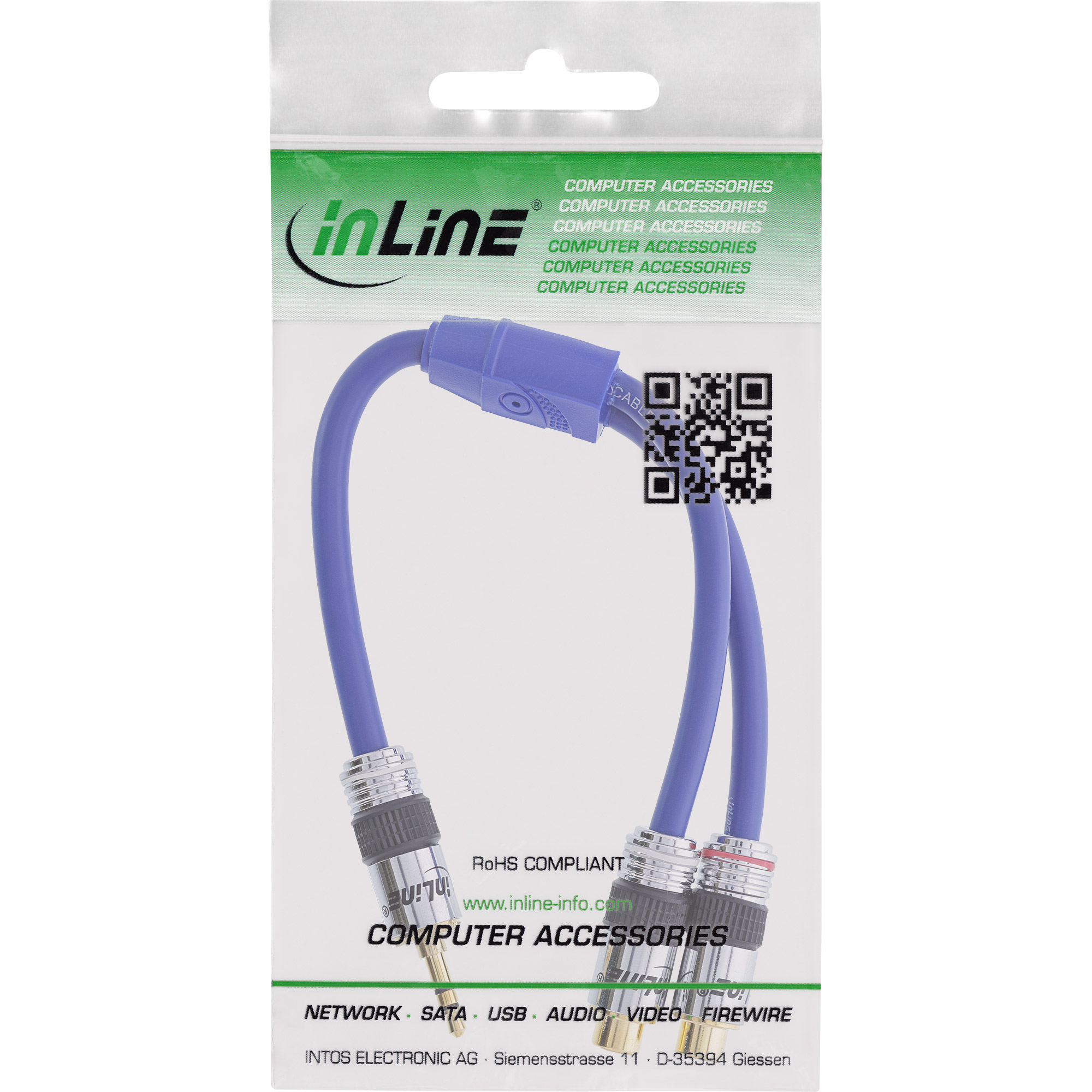 0.25m - Inline® Cinch/Klinke Kabel, PREMIUM, 2x Cinch Buchse an 3,5mm Klinke St.