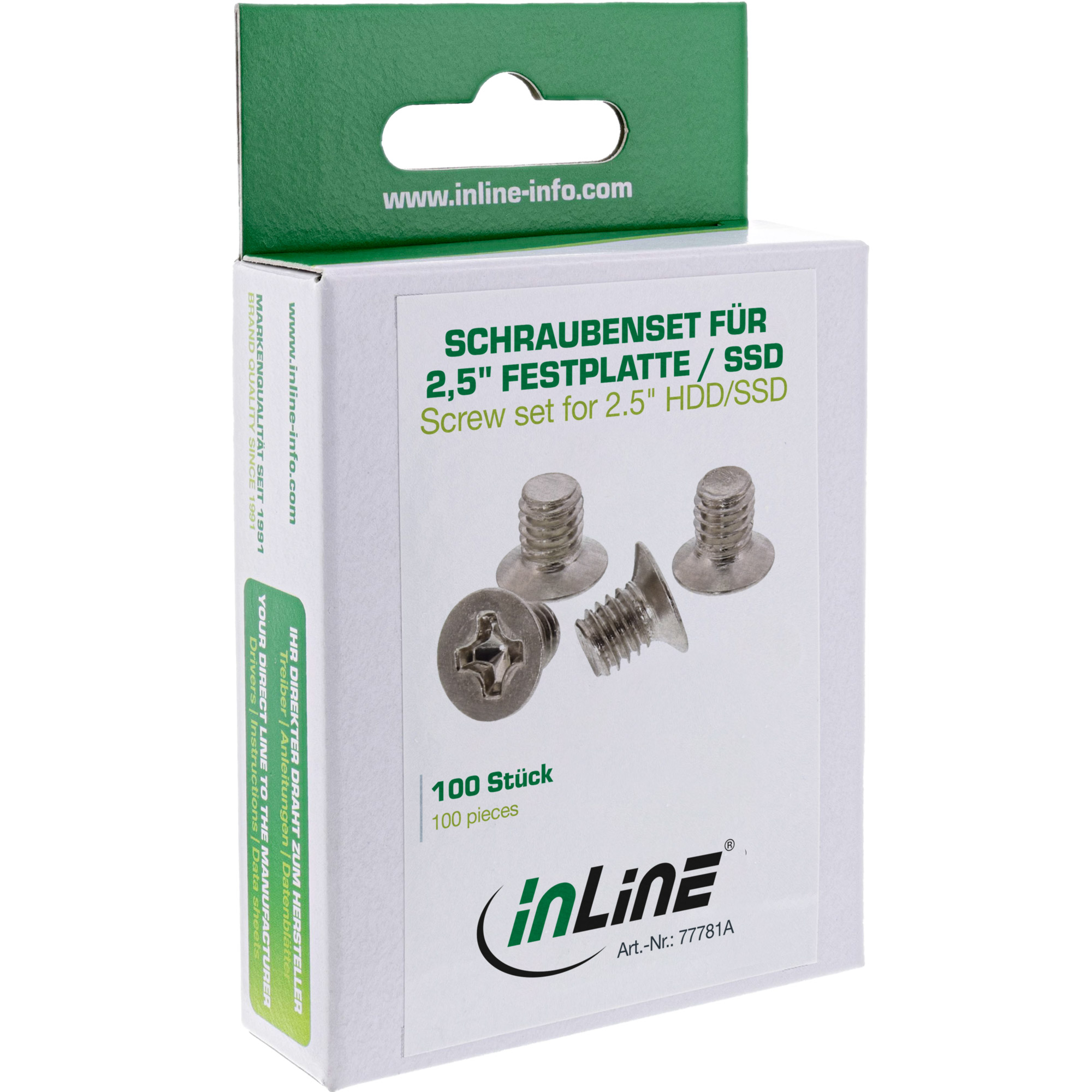 Inline® Schraubenset, f. 2,5" HDD/SSD, 3mm, flacher Senkkopf, silber 100er Pack