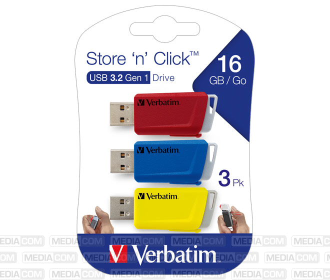 USB 3.2 Stick 16GB, Store'n'Click, rot-blau-gelb USB 3.2 Stick 16GB, Store'n'Click, rot-blau-gelb