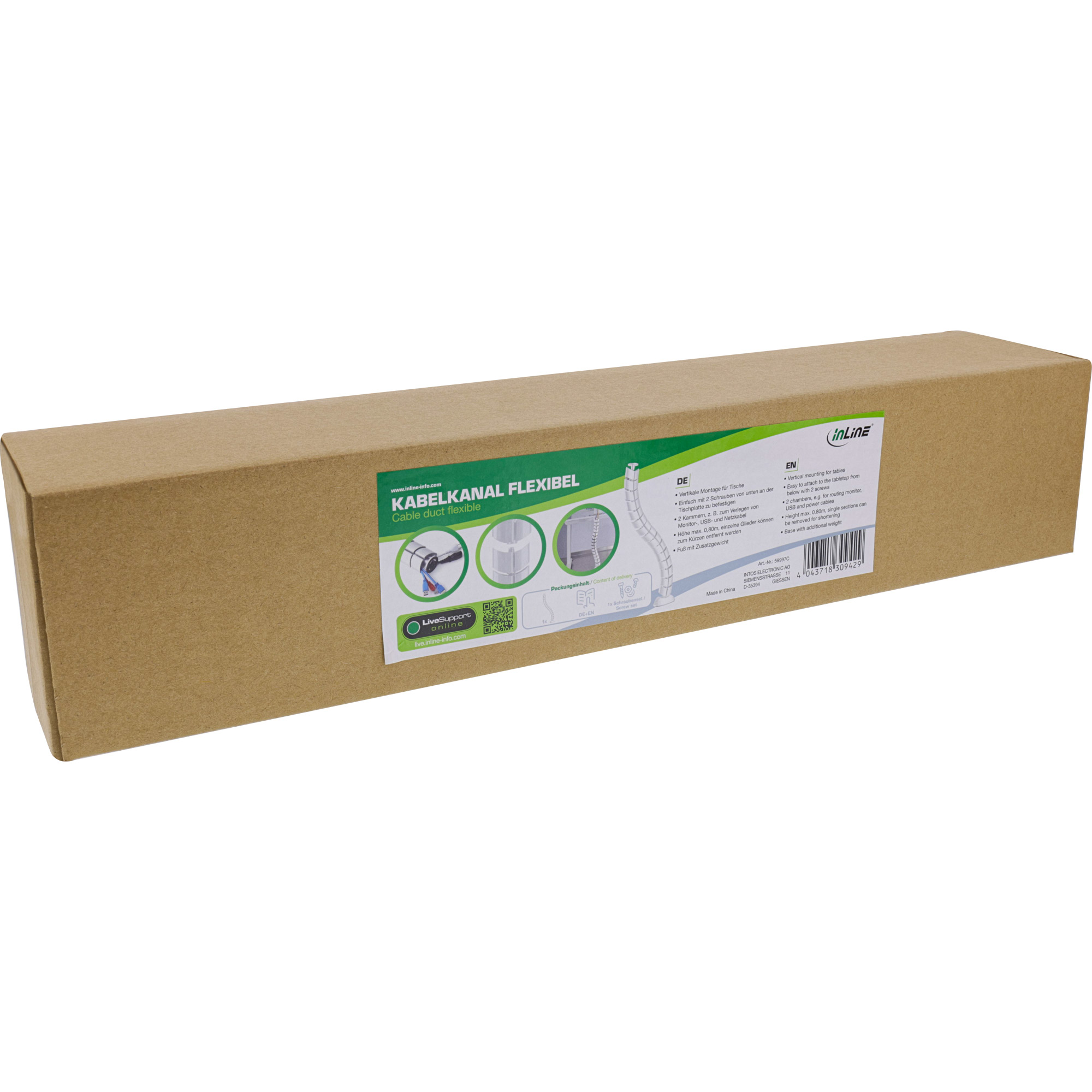 Inline® Kabelkanal flexibel, vertikal für Tische, 2 Kammern, 0,80m, weiß