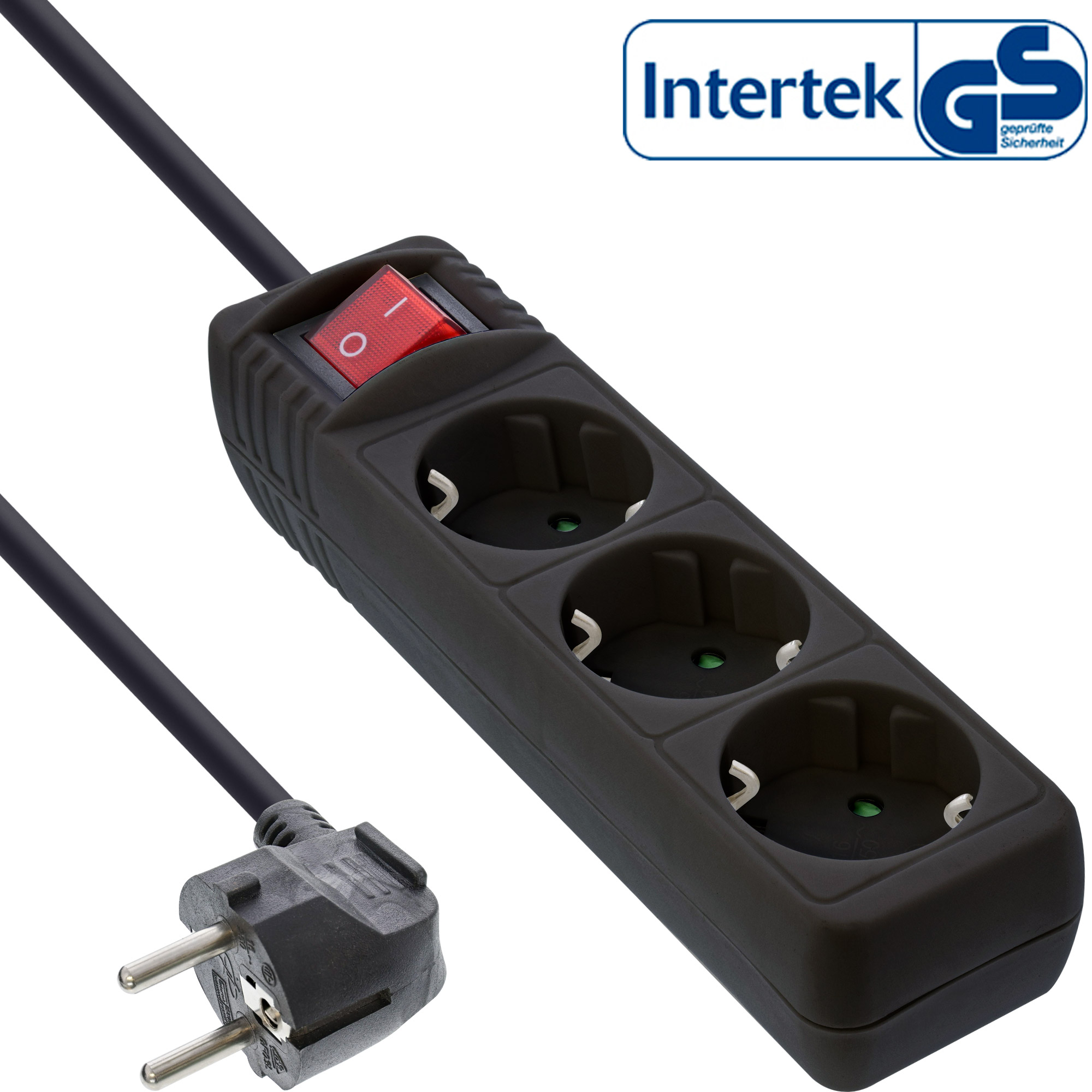 Inline® Steckdosenleiste, 3-fach Schutzkontakt, mit Schalter, schwarz, 3m