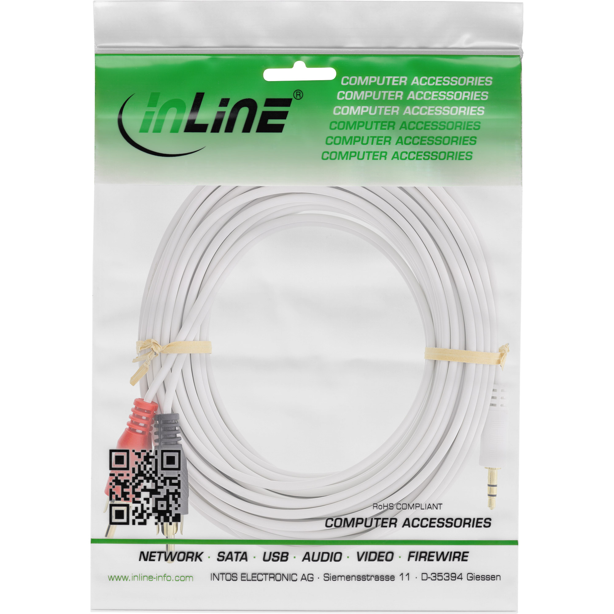 Inline® Cinch/Klinke Kabel, 2x Cinch Stecker an 3,5mm Klinke Stecker, 5m- Weiß