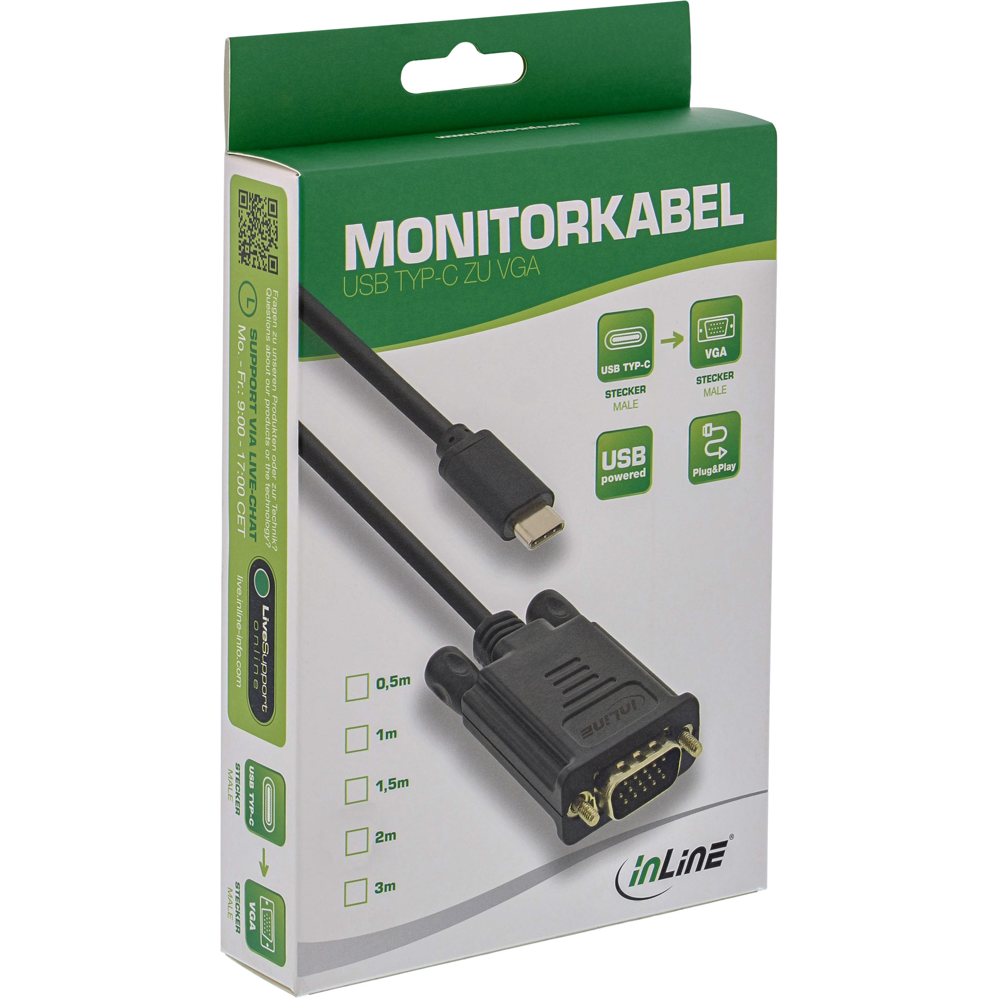 Inline® USB Display Kabel, USB-C Stecker zu VGA Stecker, 2m