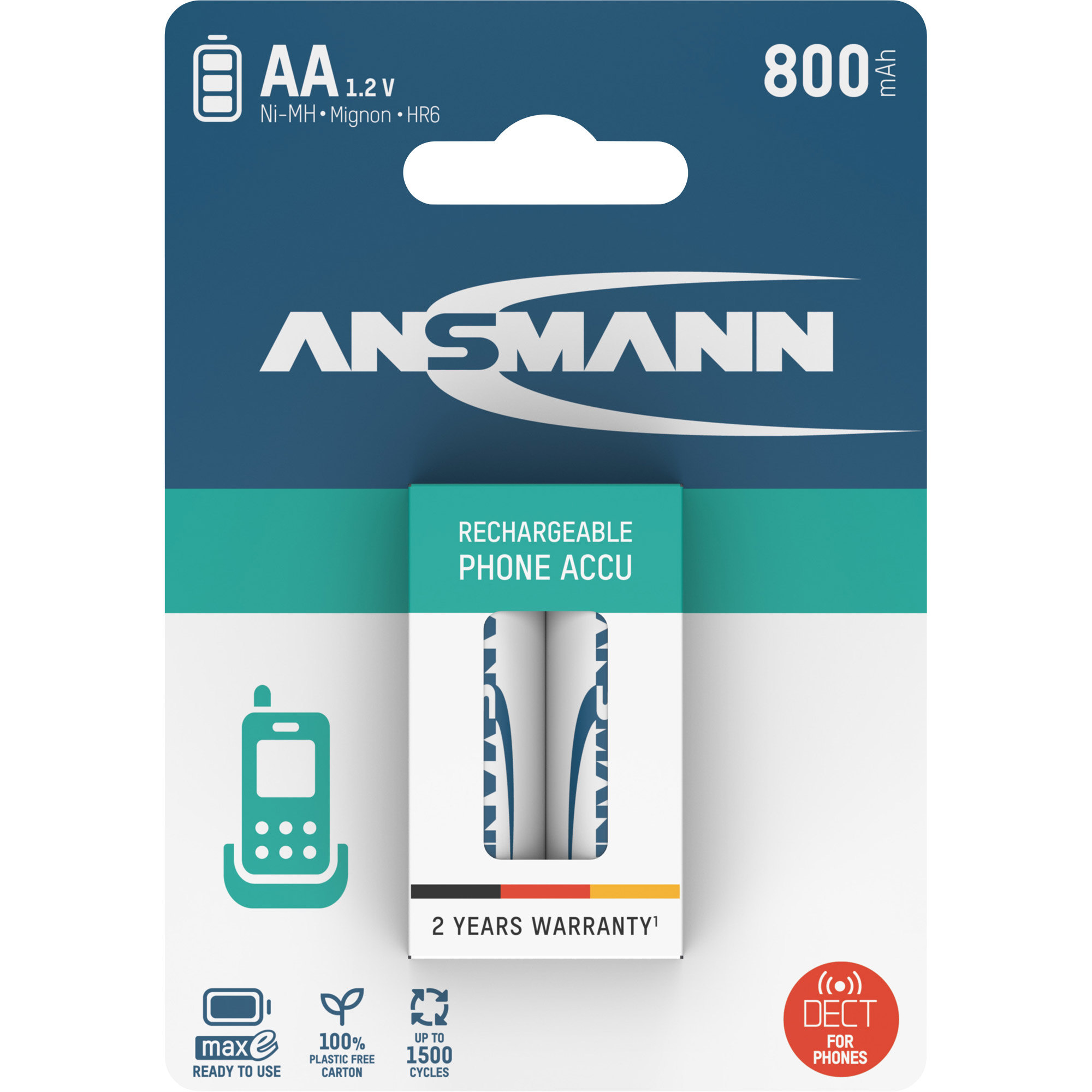 2x Ansmann NiMH AA Mignon 800mAh HR6 Akku für DECT Telefon