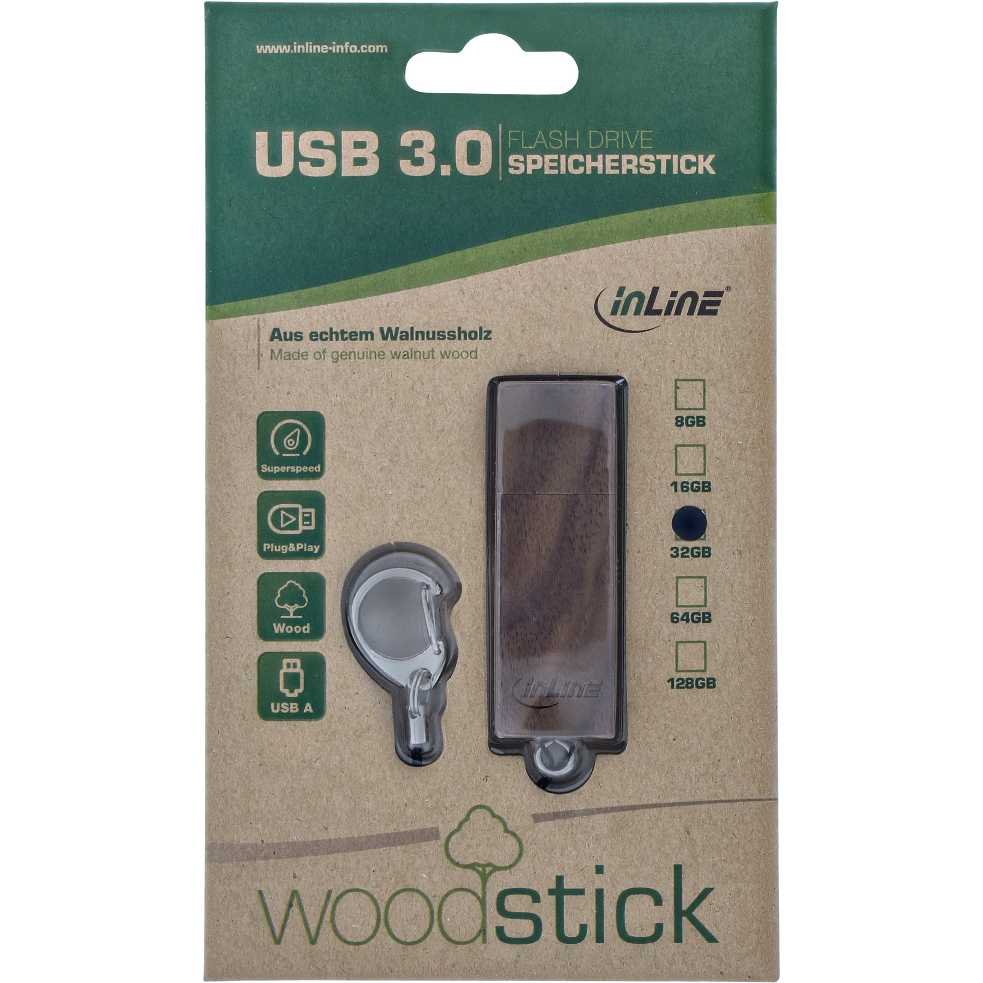 Inline® woodstick USB 3.0 Speicherstick, Walnuss, 64GB