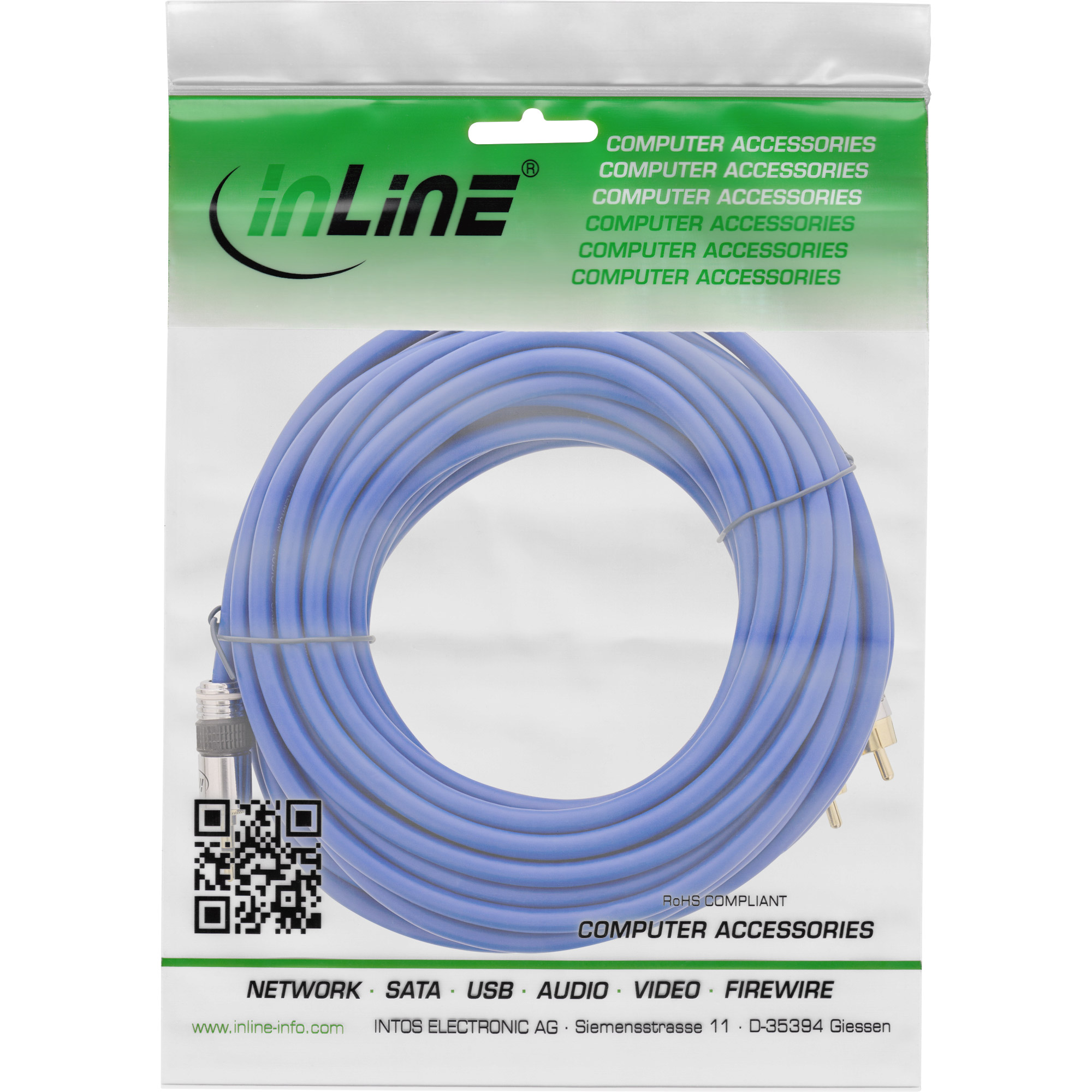 20m - Inline® Cinch/Klinke Kabel, PREMIUM, 2x Cinch Stecker an 3,5mm Klinke