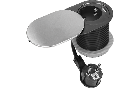 Tisch-Einbausteckdose 1x2P+E, 1x USB A+C PD20W, silber-schwarz Tisch-Einbausteckdose 1x2P+E, 1x USB A+C PD20W, silber-schwarz